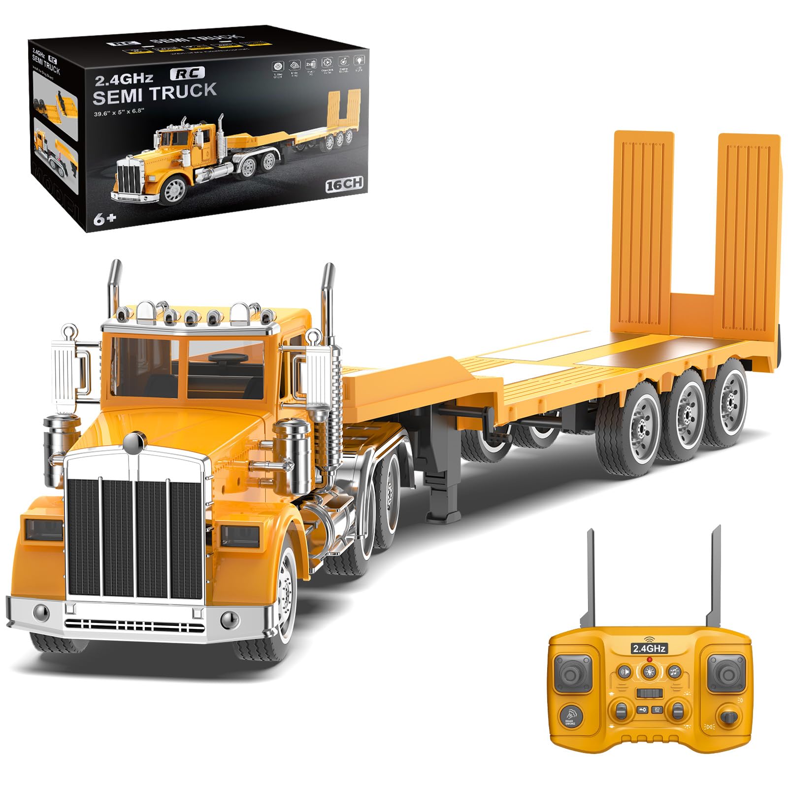 39.6" 16-Channel Giant RC Semi Truck with Flatbed Trailer(2026 Upgraded) | Remote Control…