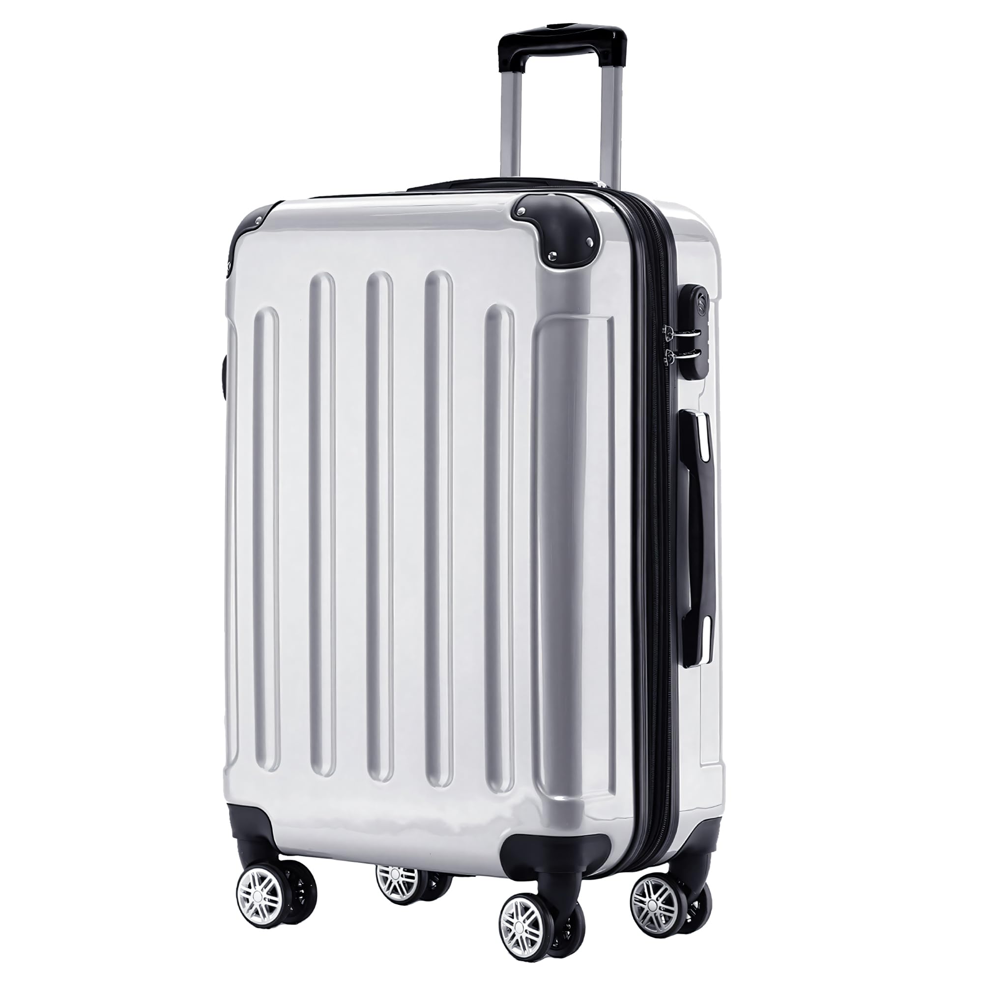 BEIBYE Hartschalen Koffer Trolley Rollkoffer Reisekoffer 4 Zwillingsrollen Polycabonat (Silber, 66cm - 70L)