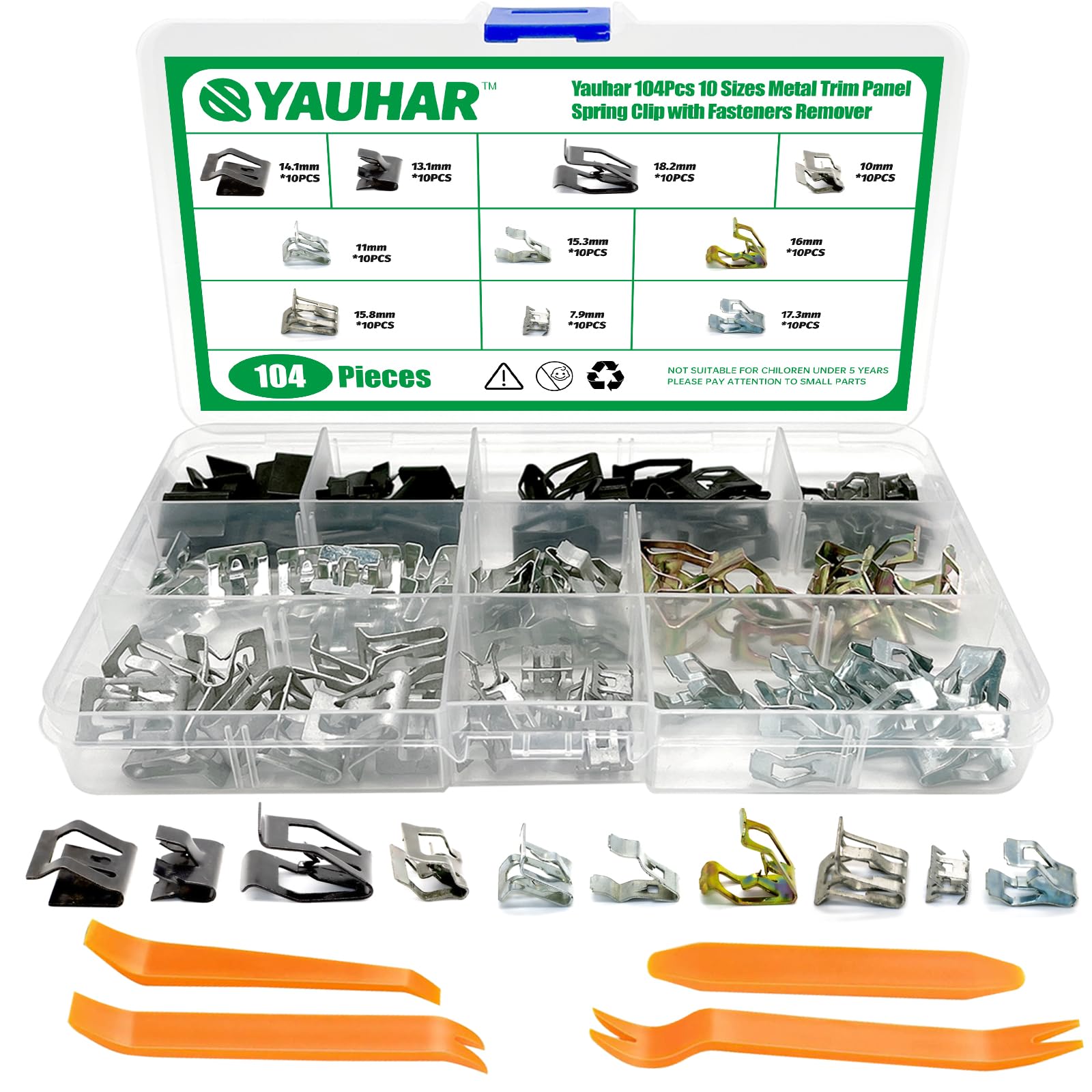 Yauhar 104Pcs 10 Sizes Metal Trim Panel Spring Clip with Fasteners Remover, 7.9mm 10mm 11mm 13.1mm 14.1mm 15.3mm 15.8mm 16mm 17.3mm 18.2mm Auto U-Clip