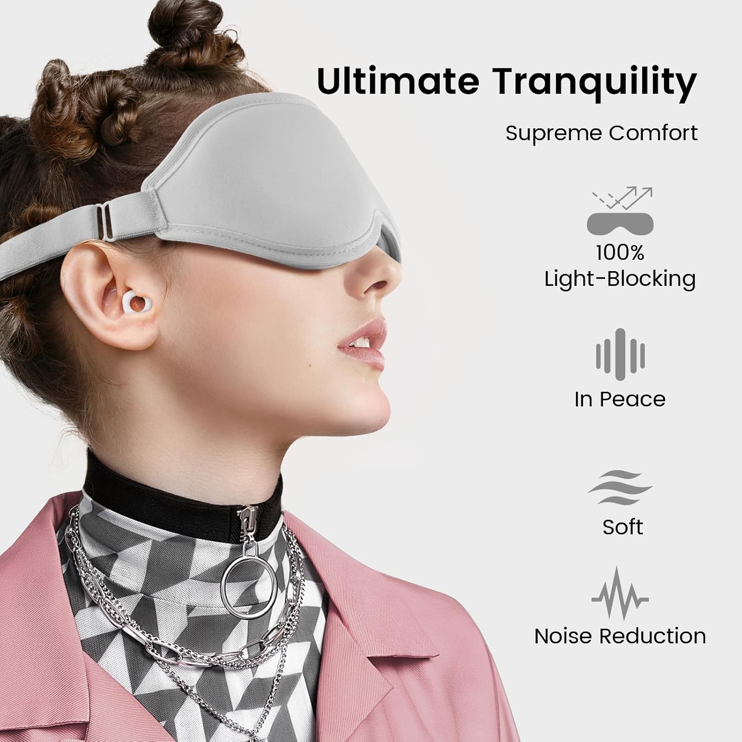 Audree Earplugs- Sleep Mask Set - Noise Cancelling Earplugs and 100% Light Blocking Eye Covers for Sleeping, Travel, Napping, Meditation, Shift Work - Achieve Ultimate Relaxation, White+ Grey