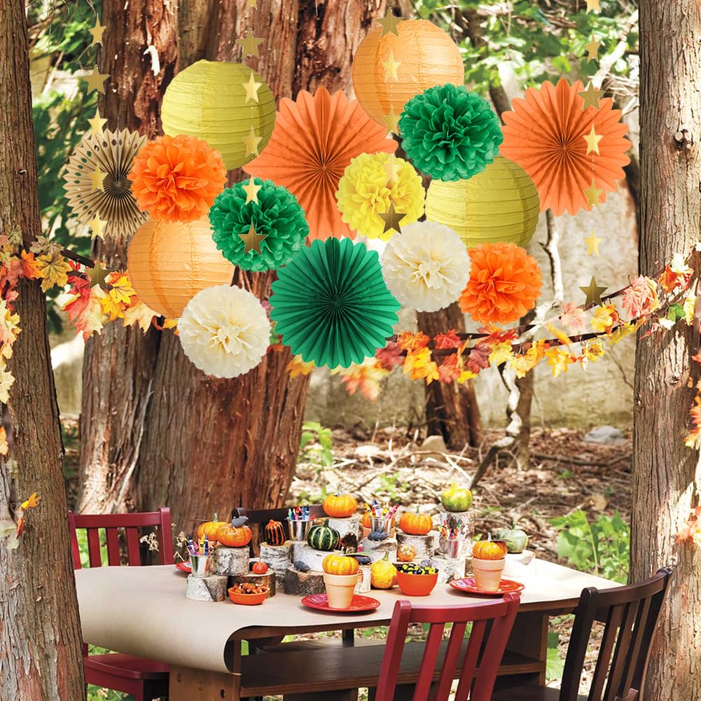 Herbst-Deko-Set In Orange, Gelb, Beige – Mit Papierlaternen, Pompoms, Girlande & Fächern