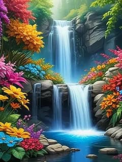 NebuIuxe 5D Diamond Painting Kit, Tropical Waterfall Paradise Scene with Colorful Flowers, Full Round Drill Crystal Rhinestone Embroidery Arts and Crafts Home Decor