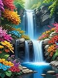 NebuIuxe 5D Diamond Painting Kit, Tropical Waterfall Paradise Scene with Colorful Flowers, Full Round Drill Crystal Rhinestone Embroidery Arts and Crafts Home Decor