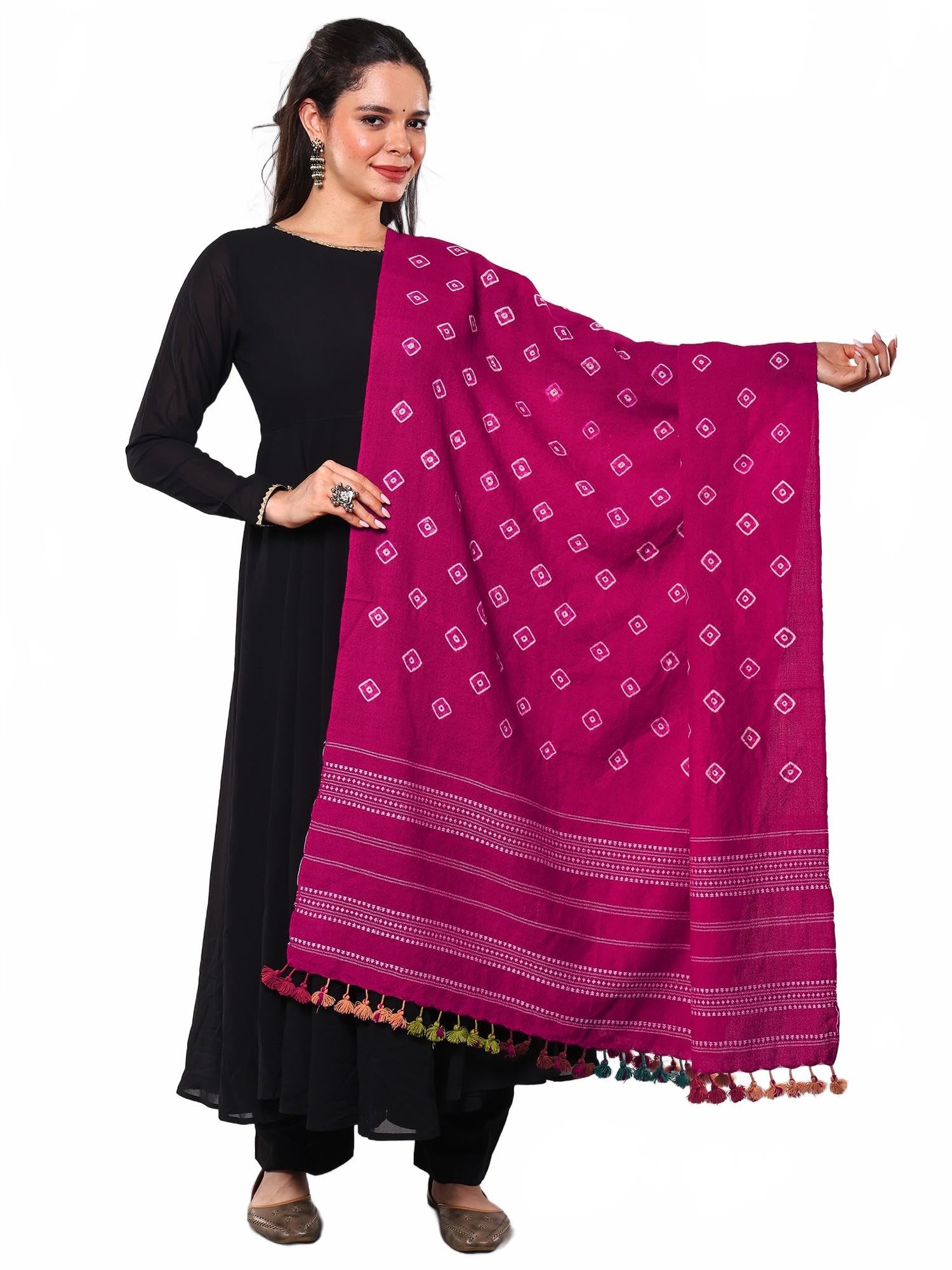 exotic india Bandhani Wool Tie-Dye Shawl from Kutch with Thread woven Border and Tassels Ethnic Design Stole, Scarves-picture-52