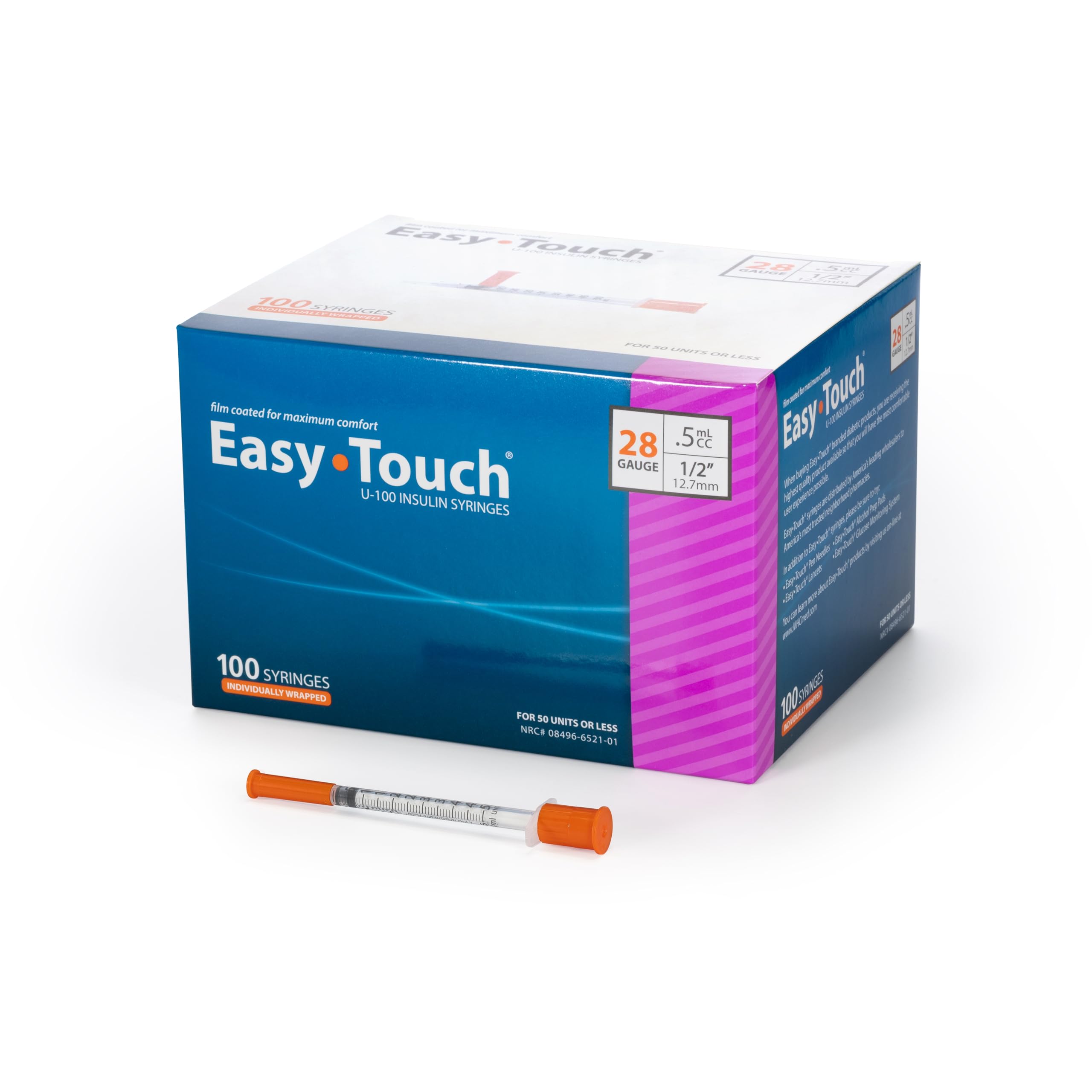 EasyTouch IW U-100 Insulin Syringes (28G 0.5cc 1/2") - 100 ct.