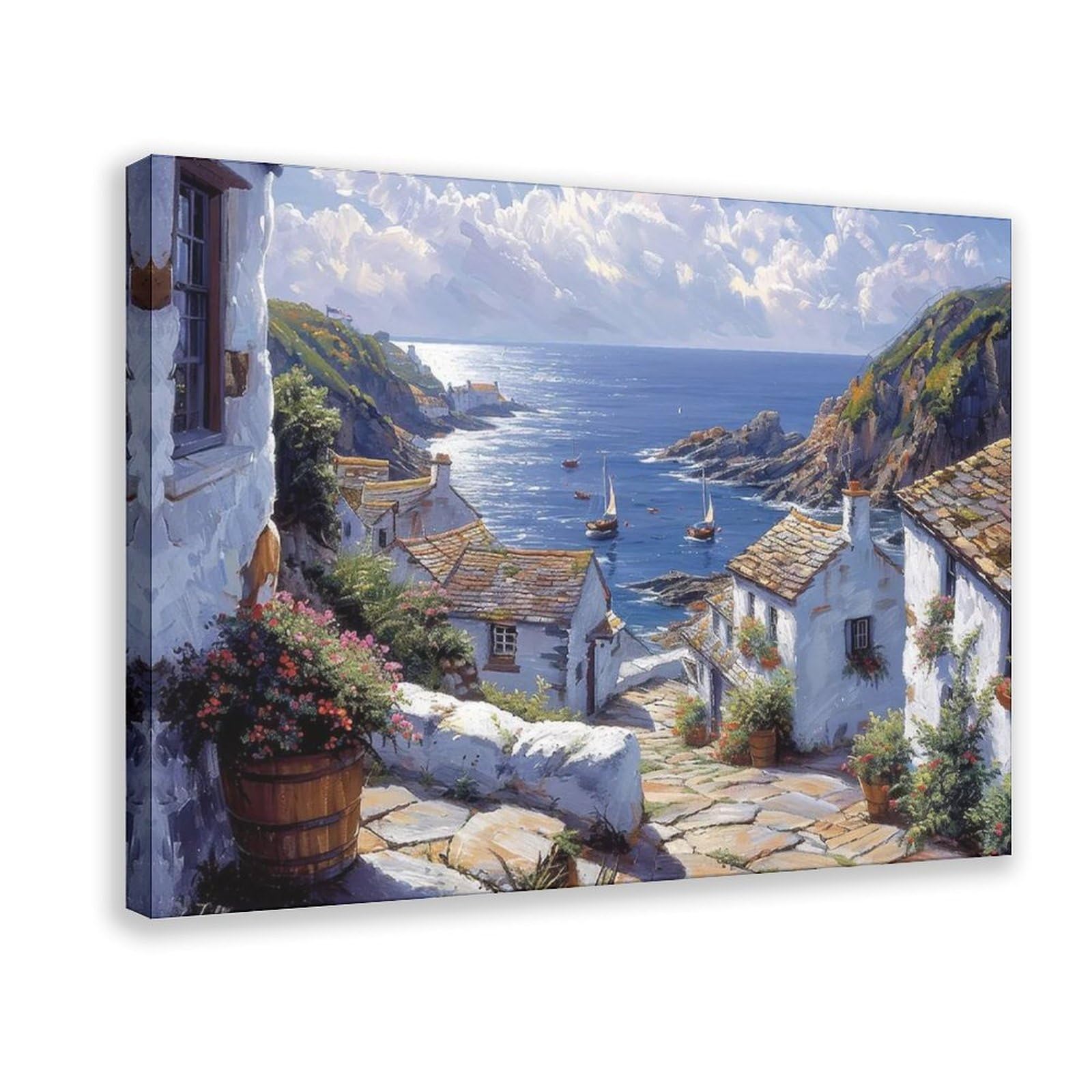 Qotopgpg Charming Polperro Cornwall, Colorful Harbor Village Painting Canvas Poster Bedroom Decor Landscape Office Room Decor Gift 20X30inch(50X75cm)