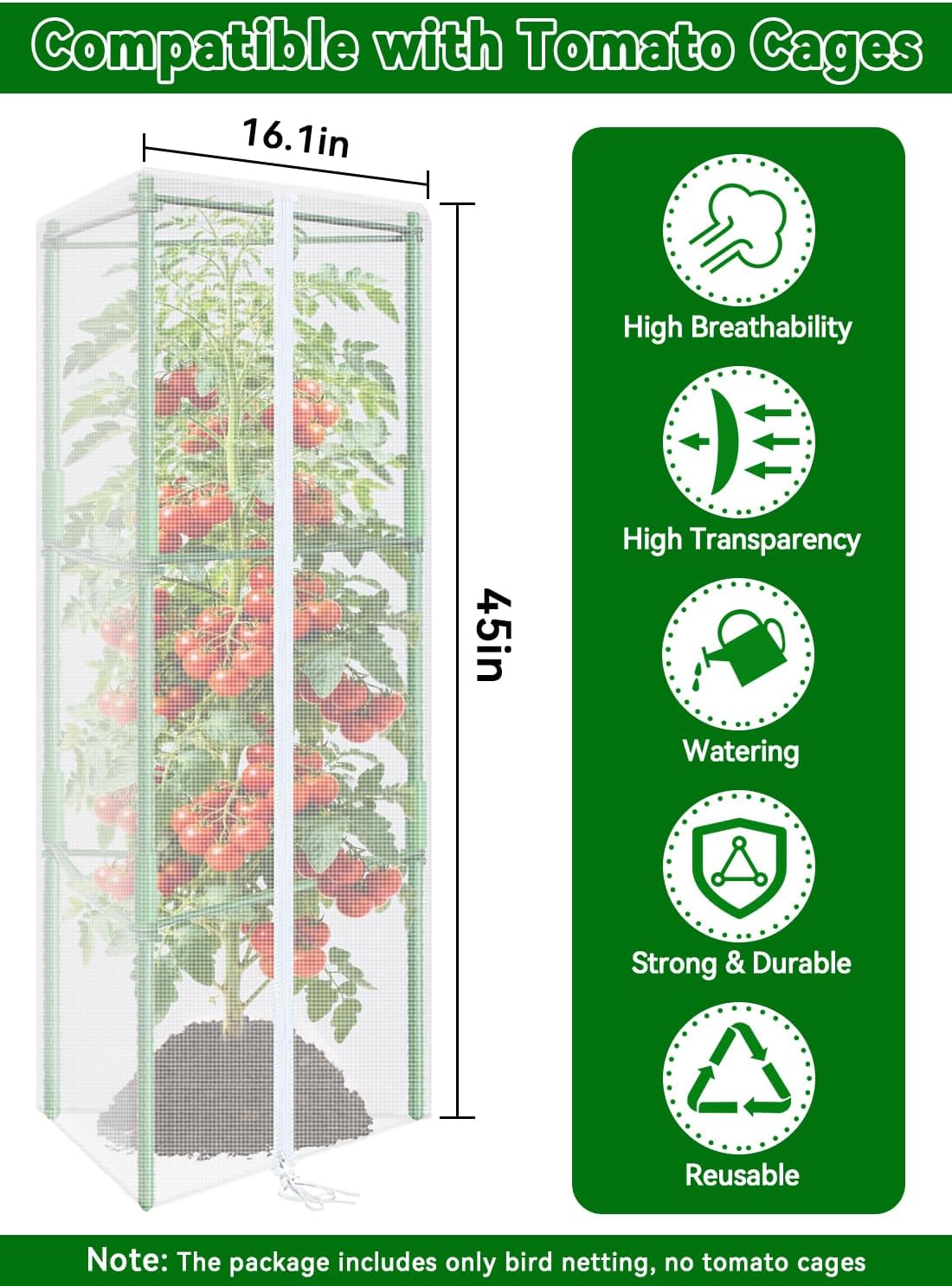 ZeeDix 45" x 16.1" Garden Bird Netting for Triangle Tomato Cage, 4 Pack Garden Mesh Barrier, Plant Covers Protect Tomatoes, Vegetables, Blueberry Bush from Birds & Pests