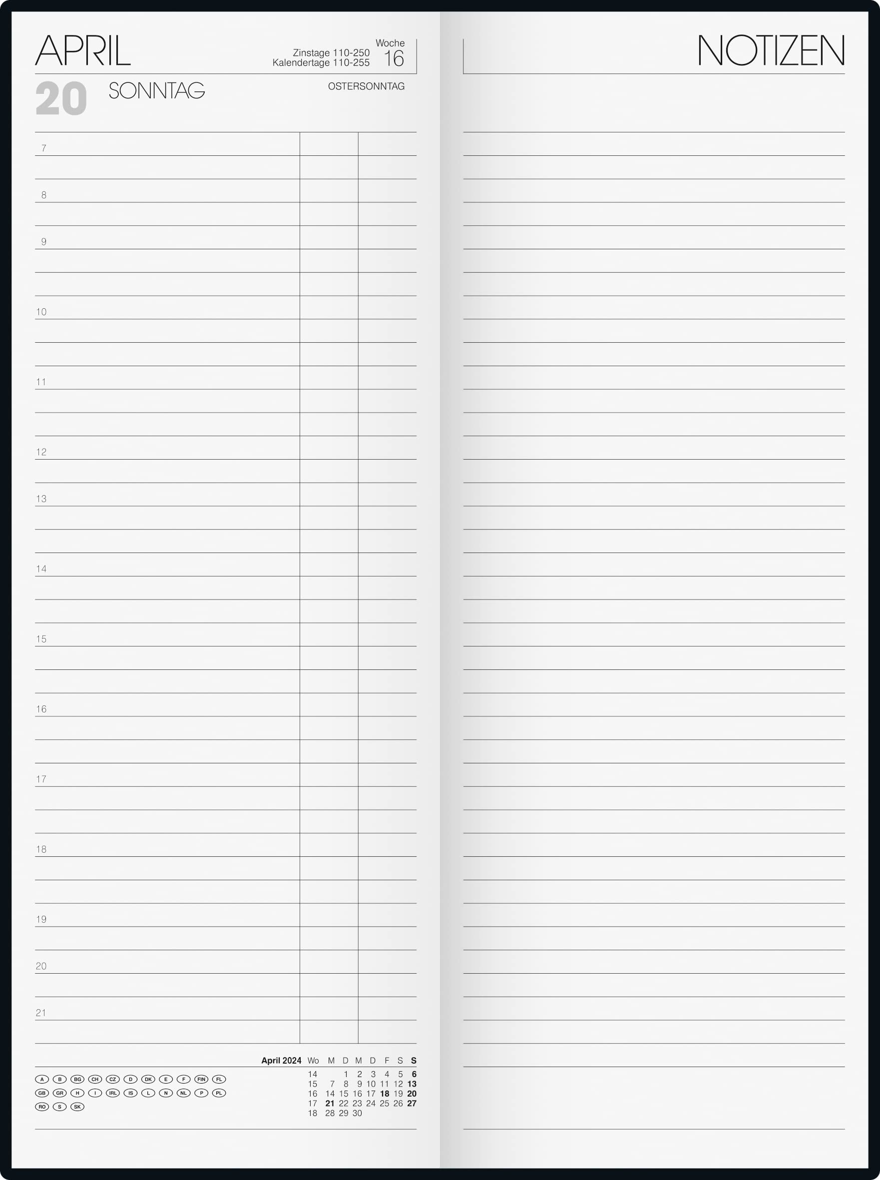 BRUNNEN Agenda journalier modèle 786 2024 2 pages = 1 jour taille de feuille 11 x 29,7 cm bleu