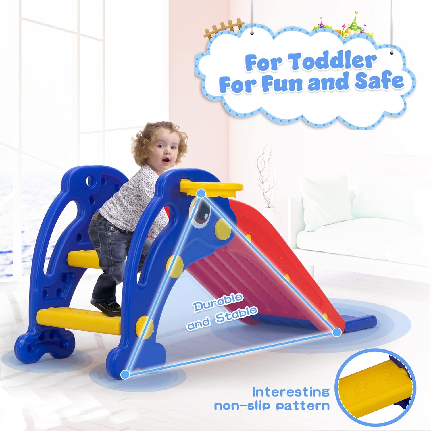 TOBBI Slide for Toddlers Ages 1-3 Indoor Outdoor w/Basketball Hoop & Ball, Baby Slide Playset for Backyard, Freestanding Slide Climber Toys for Kids, Red