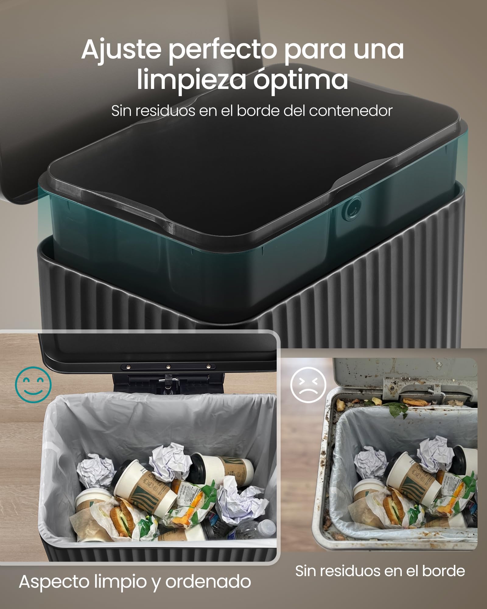 SONGMICS Cubo de basura de 13 galones con pedal, tapa de cierre suave y cubo interior extraíble, acero, 15 bolsas de basura (código K) incluidas, tinta negra LTB586BZ02
