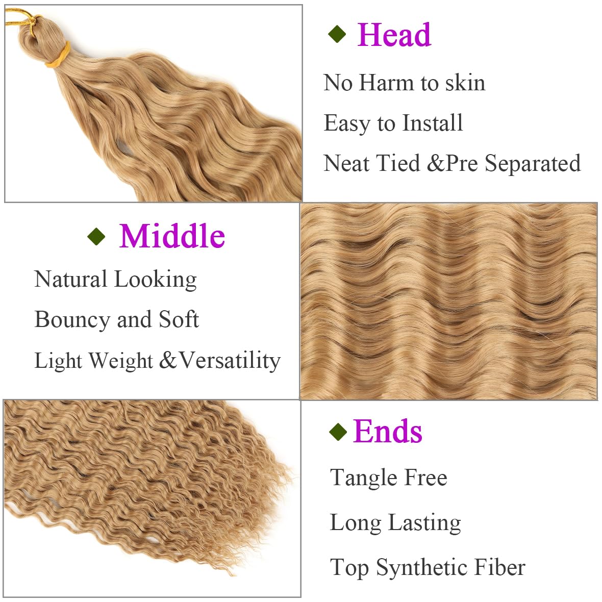 Kachanaa 30 Inch Pre-Separate Deep Wave Braiding Hair Extensions for Goddess River Braids 3 Pack Synthetic Ocean Wave Crochet Hair for Boho Box Braids Blonde EZ Braiding Hair /27# - Image 4