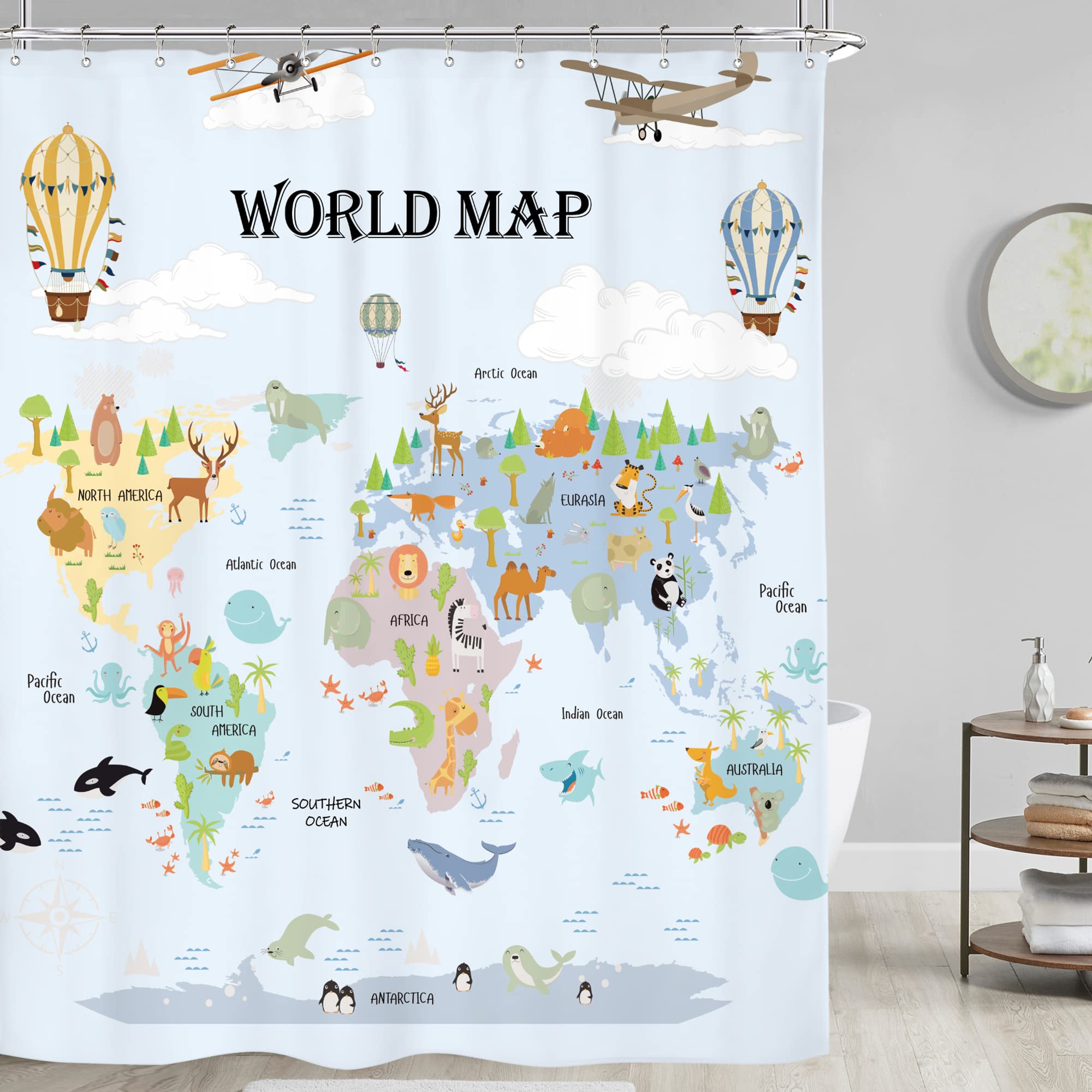 Riyidecor Kid Cartoon Animal World Map Shower Curtain Cute Sea Animal ...