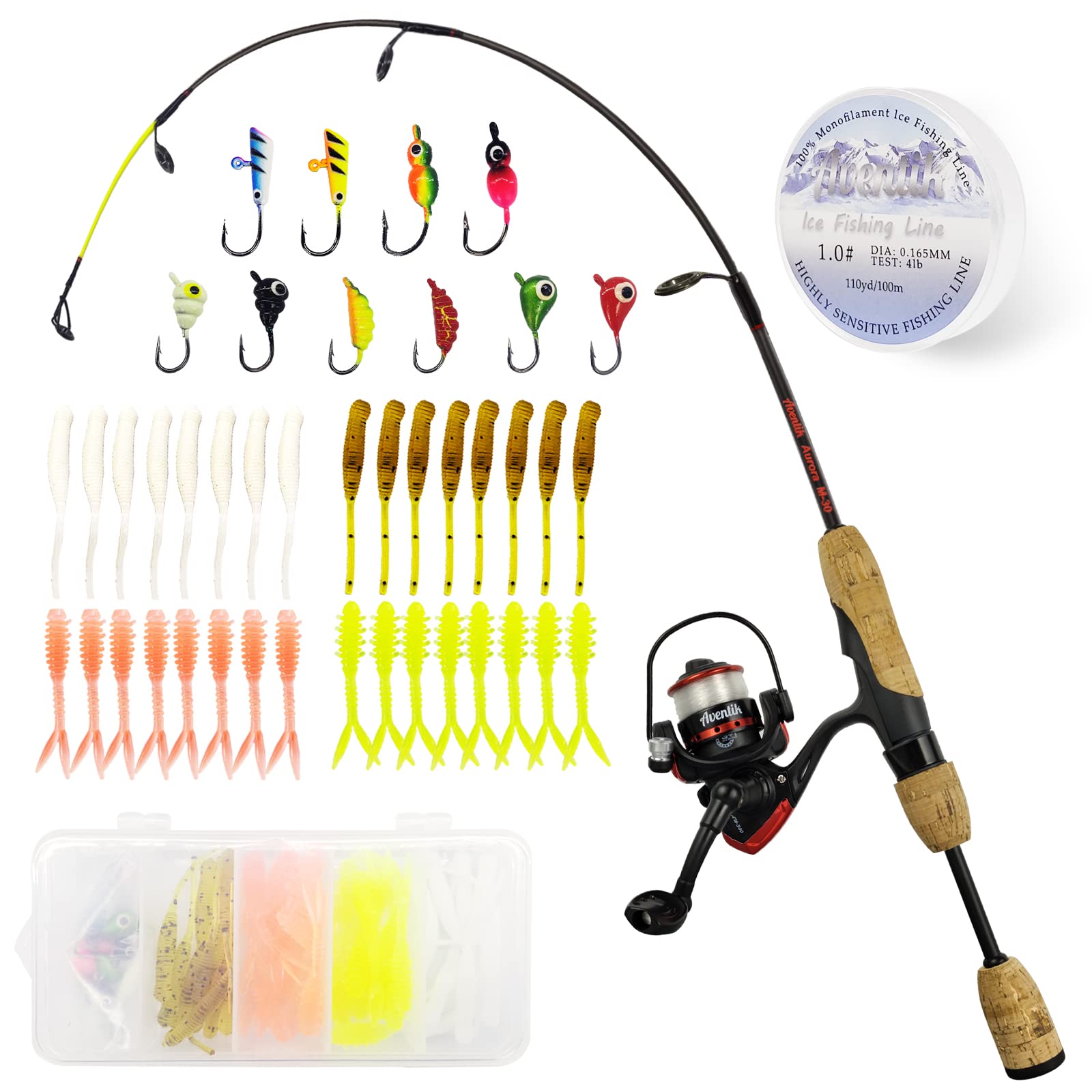 Aventik Ultralight Ice Fishing Rod and Reel Combo 26/28/30/32 inch Medium Light Fast Action Multi-Species Spinning Ice Fishing Combos Tackle for Walleye Perch Panfish and Trout