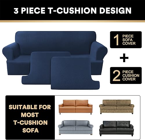 Miniatura 3 de PrinceDeco Funda de sofá de 3 piezas para sofá con cojín en T, fundas elásticas para sofá de 2 cojines con 2 fundas de asiento individuales en forma