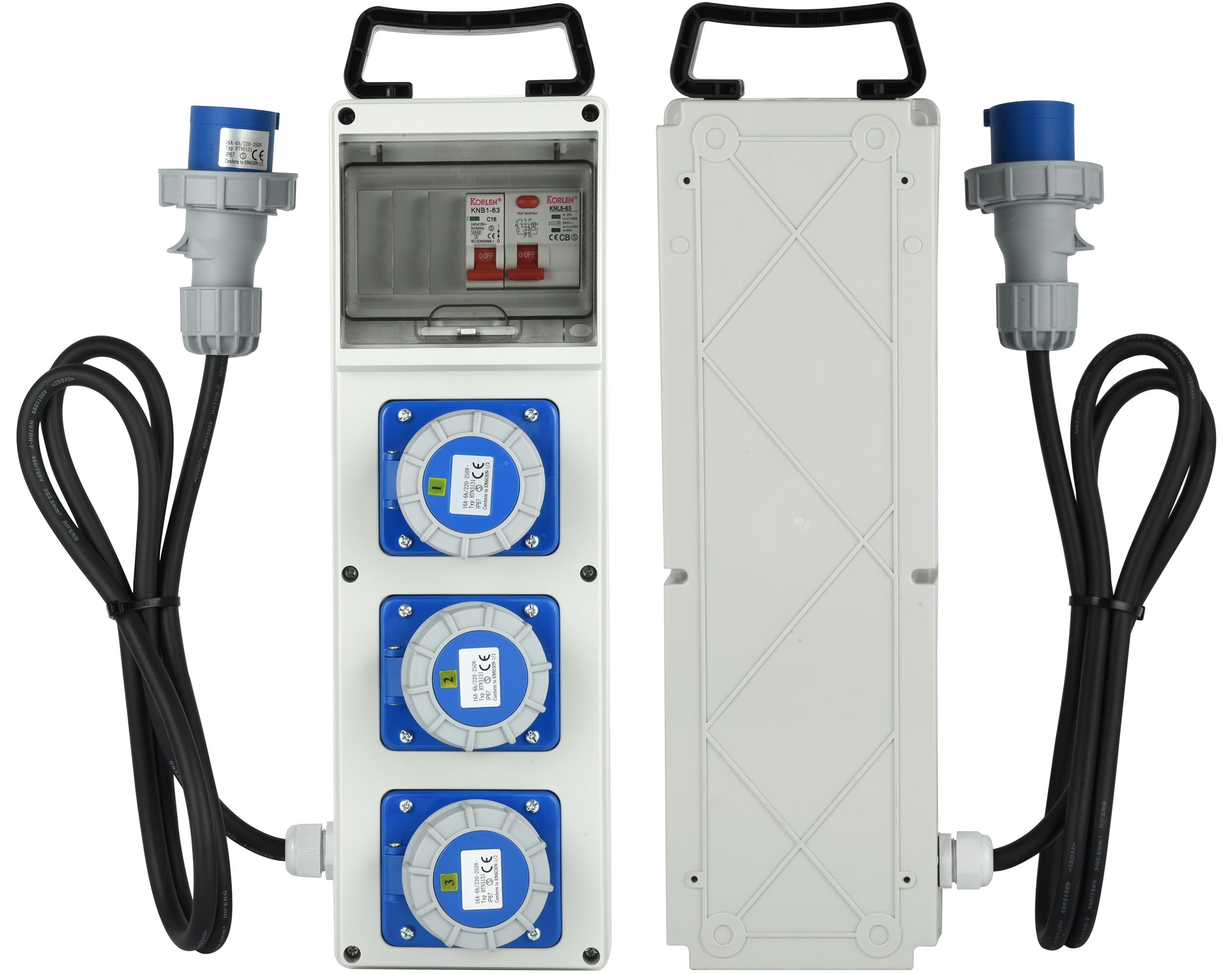 Electraline 60426 Quadro Elettrico di Distribuzione 3 Prese Industriali CEE, Spina CEE, Cavo 1.7M H07RN-F 3G2.5, IP67, con interruttore differenziale RCD 30ma + interruttore di sicurezza MCB