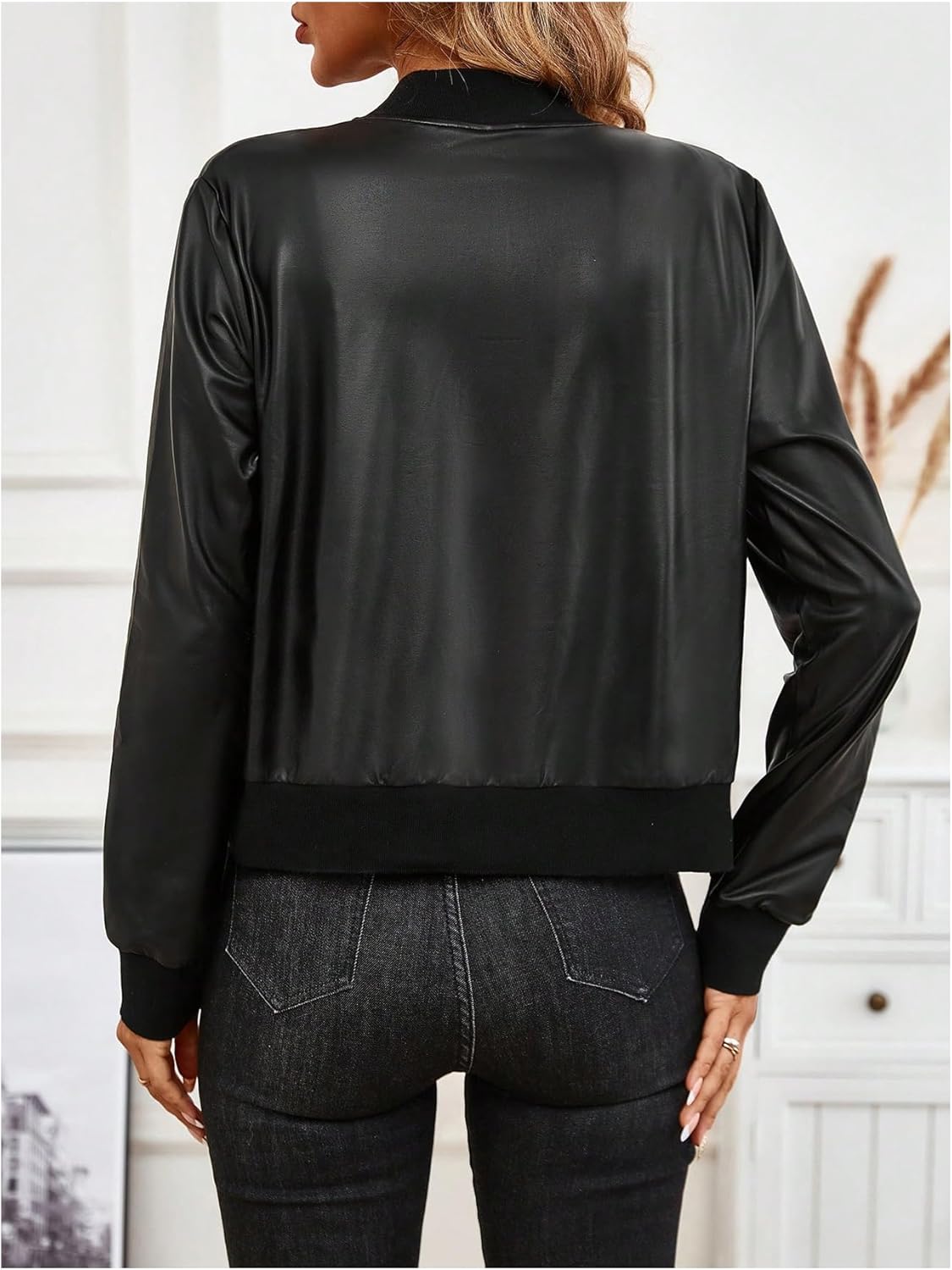 SHENHE Women's PU Leather Bomber Jacket Zip Up Lightweight Fall Casual Jacket Outerwear - Image 3