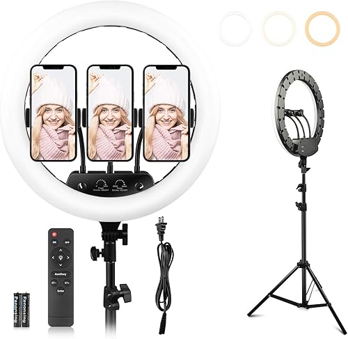 MOMORA - Anillo de luz LED de 14 pulgadas con soporte de trípode 3 soportes de teléfono regulables 3000 K-6000 K anillo de luz para selfie