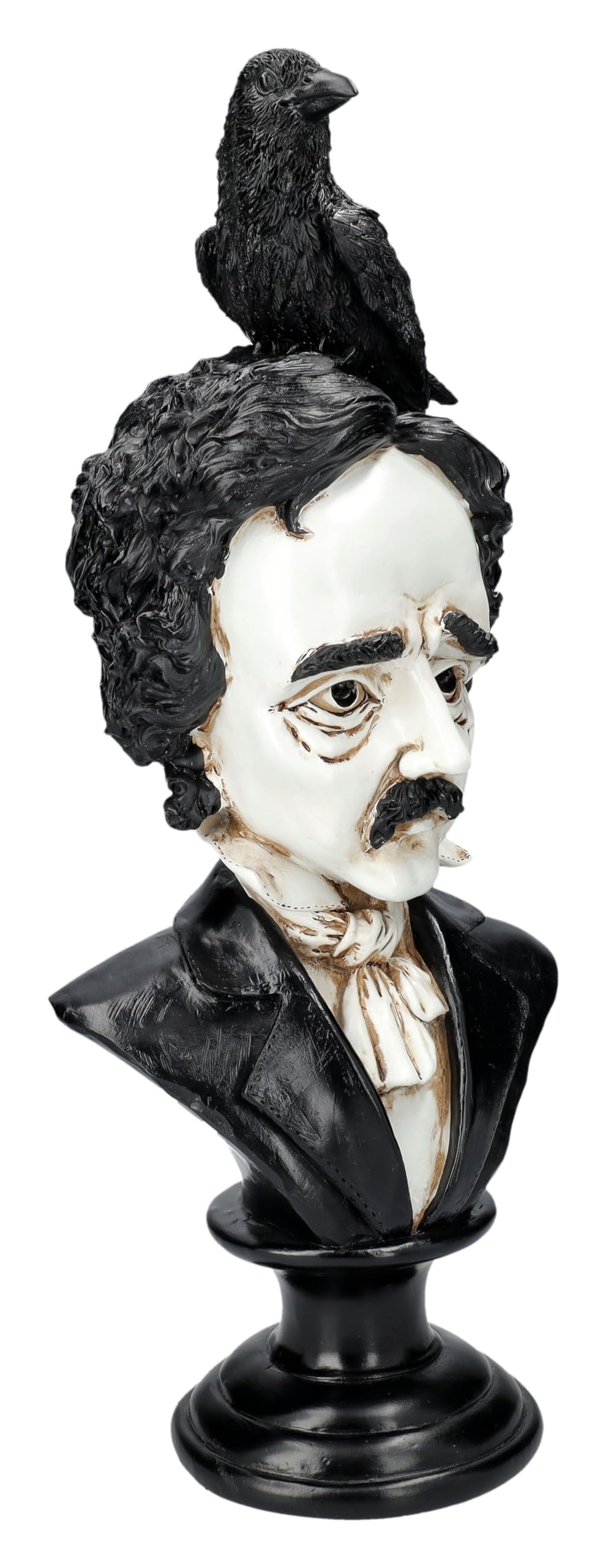 Edgar Allan Poe - Busto con cuervo (40 cm, piedra artificial, pintado a mano), color blanco y negro
