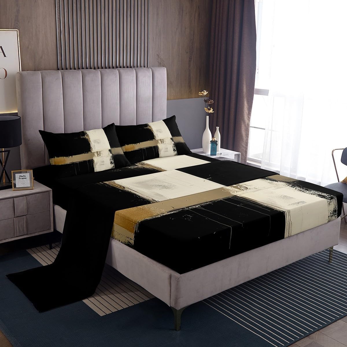 jejeloiu Black White Bed Sheets Set Twin Size Abstract Line Fitted Sheet for Kids Boys Girls Decor Modern Art Bedding Set Soft Microfiber Bedroom Decor,3Pcs