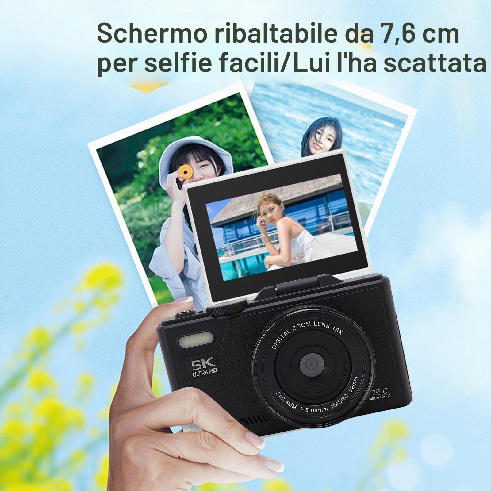 Fotocamera digitale 5K per Fotografia, 75MP Vlogging Camera con WIFI, Schermo Ribaltabile da 3 a 180°, Zoom 18X, Autofocus, Anti Shake, Fotocamera da Viaggio per Principianti