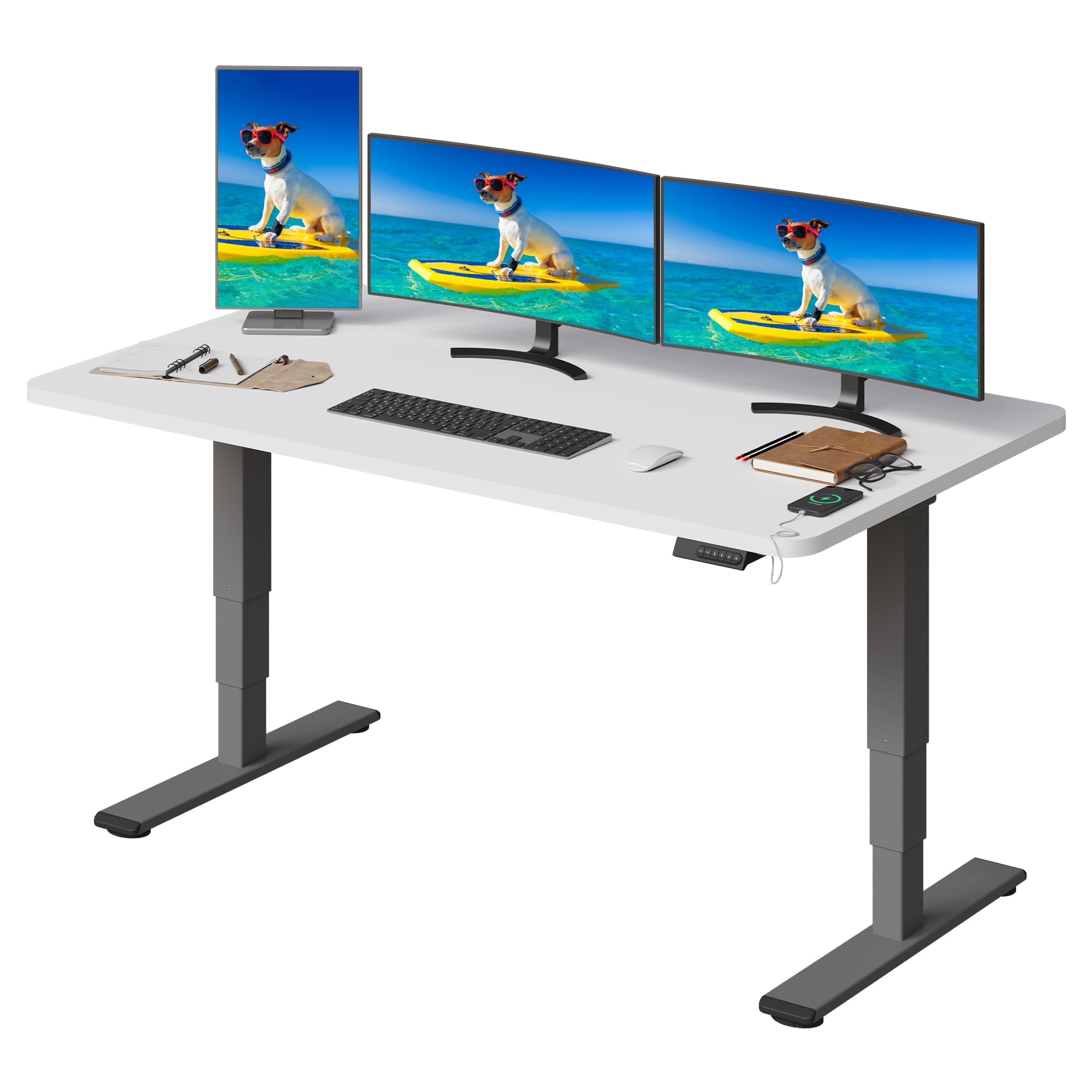 SANODESK 2 Motores Escritorio Elevable EC4 160 x 80 cm Tablero Entero con 3 Secciones Patas Telescópicas con Panel Ajustable, Mesa elevable Standing Desk Ergonómico para Oficina y Hoggar-Blanco