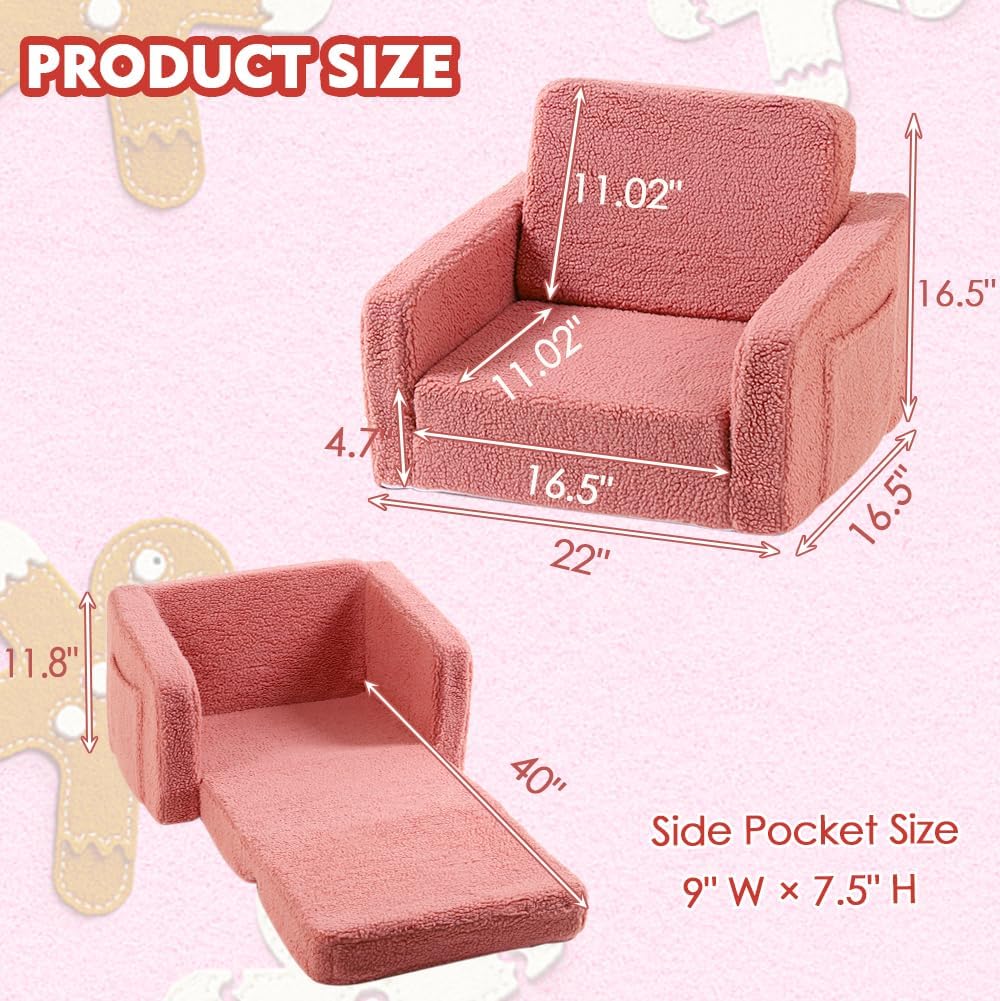 Furnishh Kids Sofa Couch Fold Out, Baby Toddler Comfy Soft Chair for Boys Girls, Flip Out Foldable Children 2 in 1 Convertible Sofa to Lounger, Folding Child Sleeper for Playroom, Pink - Image 2