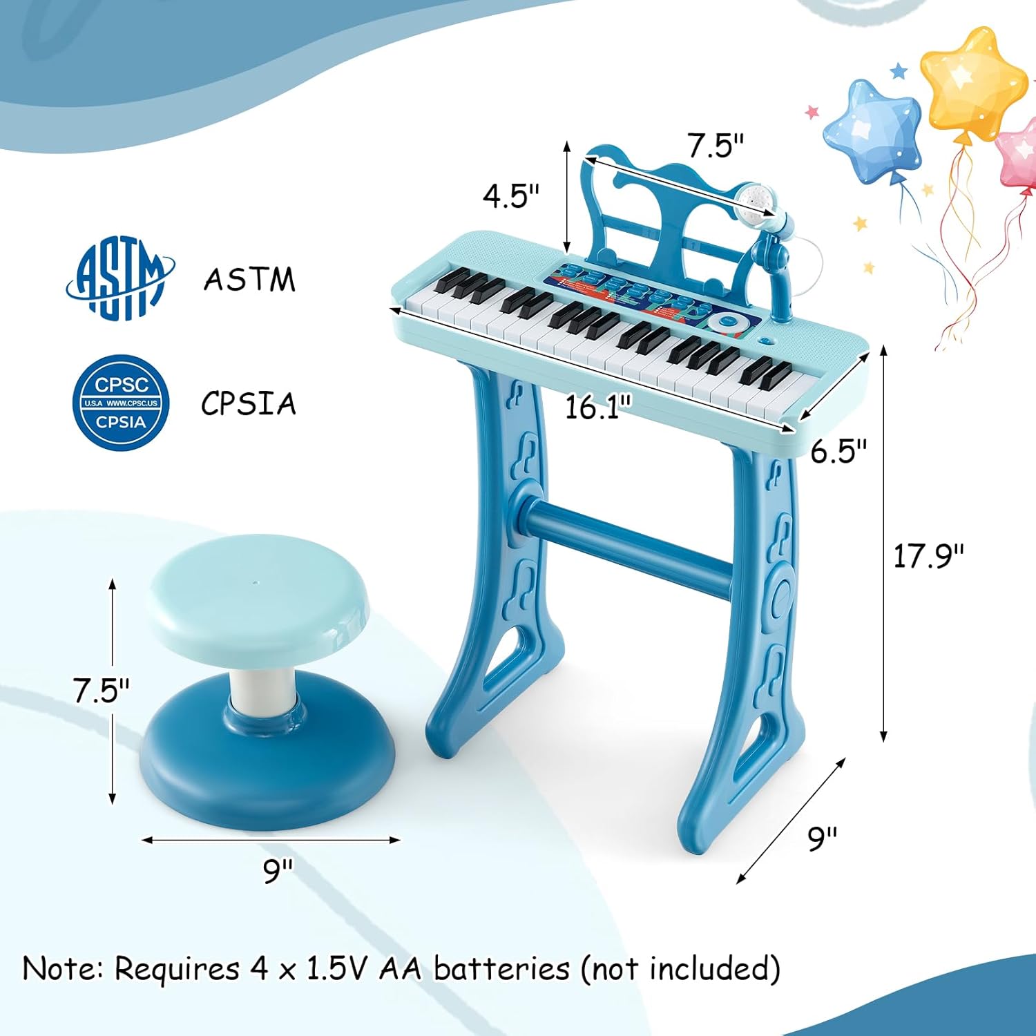HONEY JOY Kids Piano, 37-Key Blue Kids Keyboard Piano w/ Music Stand & Bench, Toy Baby Grand Piano w/ Microphone, Portable Electronic Educational Musical Instrument, Toddler Piano for Girls Boys