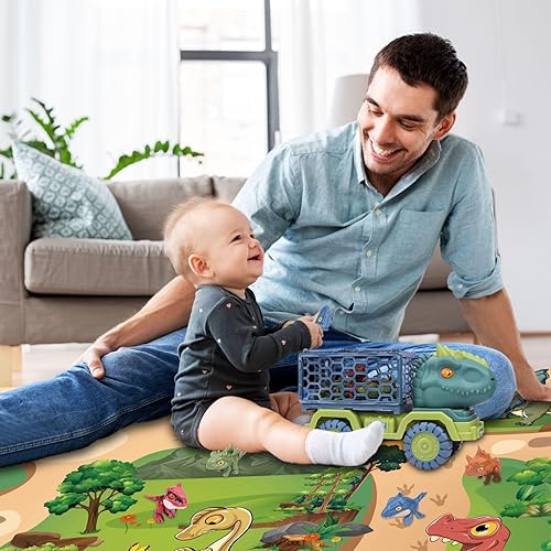 Miniatura 8 de COSOOS Camión de dinosaurios para niños de 3 a 5 años, juguete, camión monstruo T Rex, juego de transporte con sonido y luz, 3 vehículos de