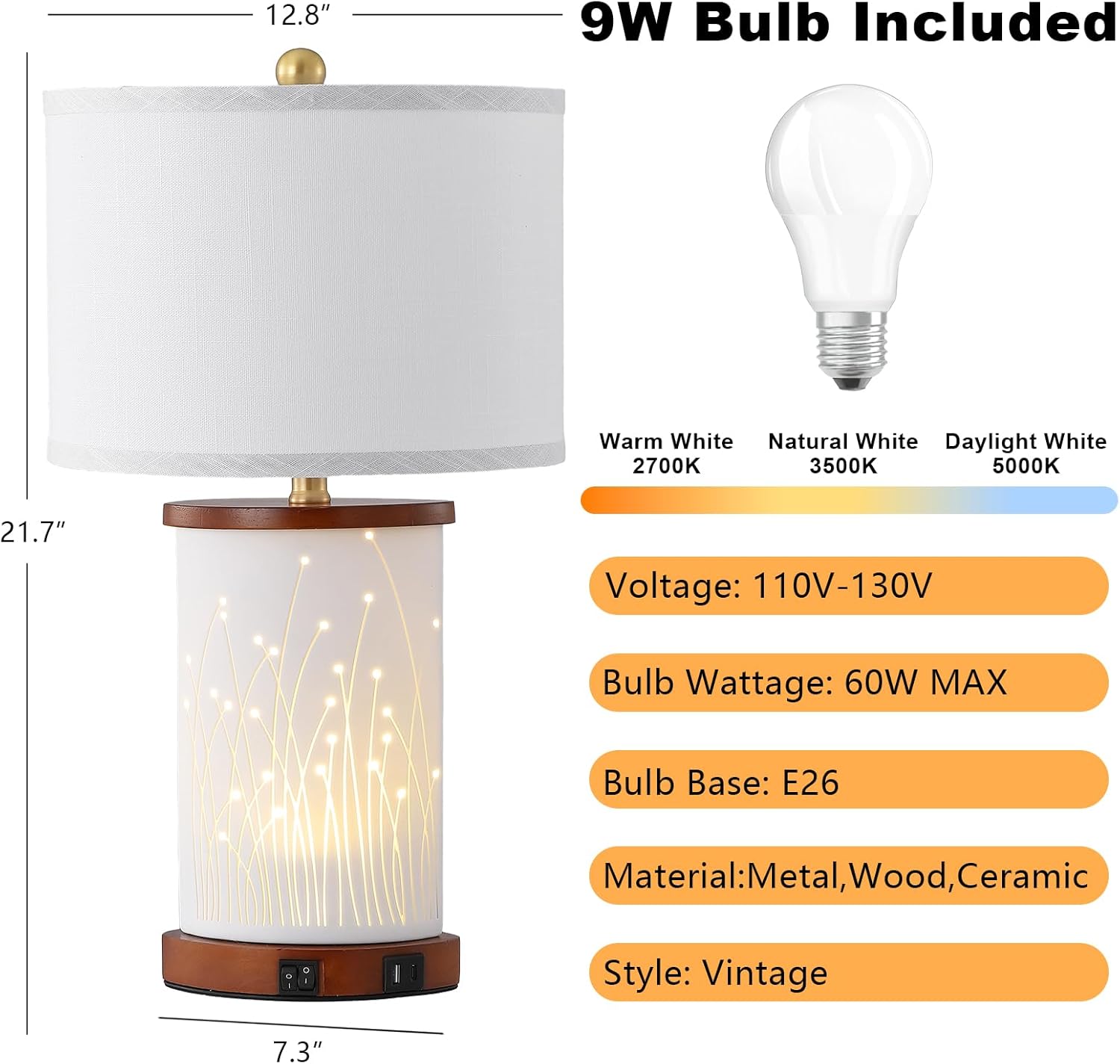 Set of 2 Ceramic Table Lamps with 3 Color Temperatures, Nightstand Table Lamps with AC Outlet, USB A & C Charging Port, Bedside Lamps for Living Room, Bedroom, Office Reading, Walnut