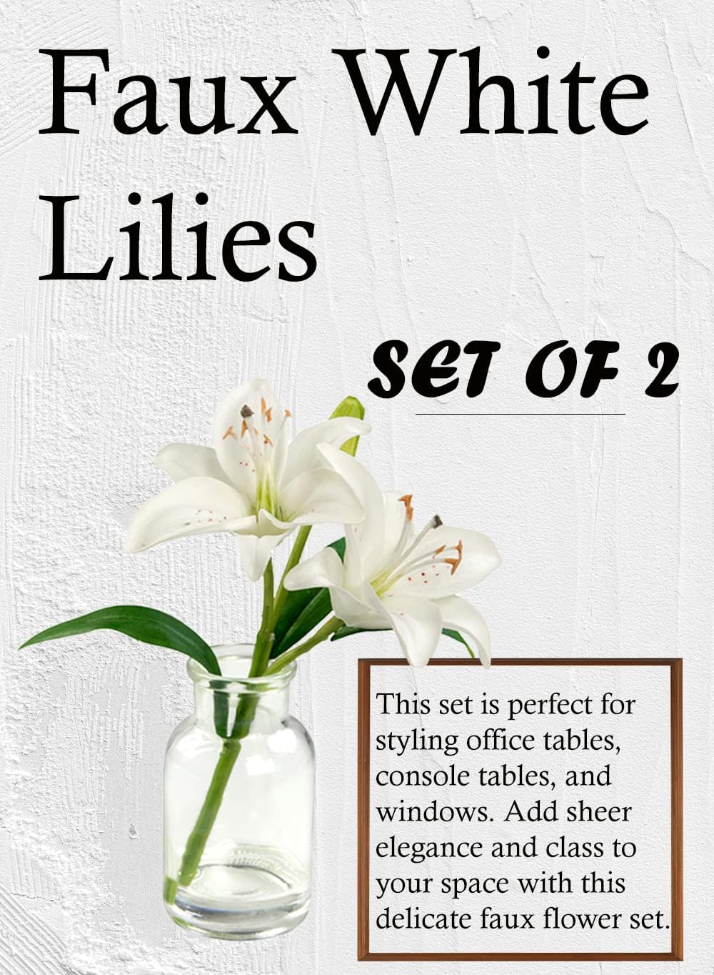 Serene Spaces Living Set of 2 Faux White Lilies in Glass Bottle Vase, Console Table Décor, Table Centerpiece Decor for Office, Living Room, Dining Room, Bathroom, Wedding, 2.5" Diameter & 10" Tall