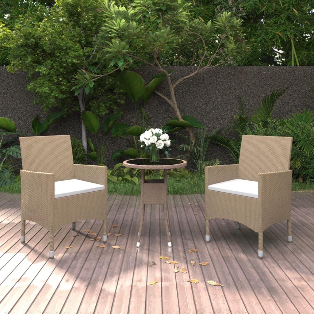 Salon de jardin 3 pièces en polyrotin beige et table en verre trempé