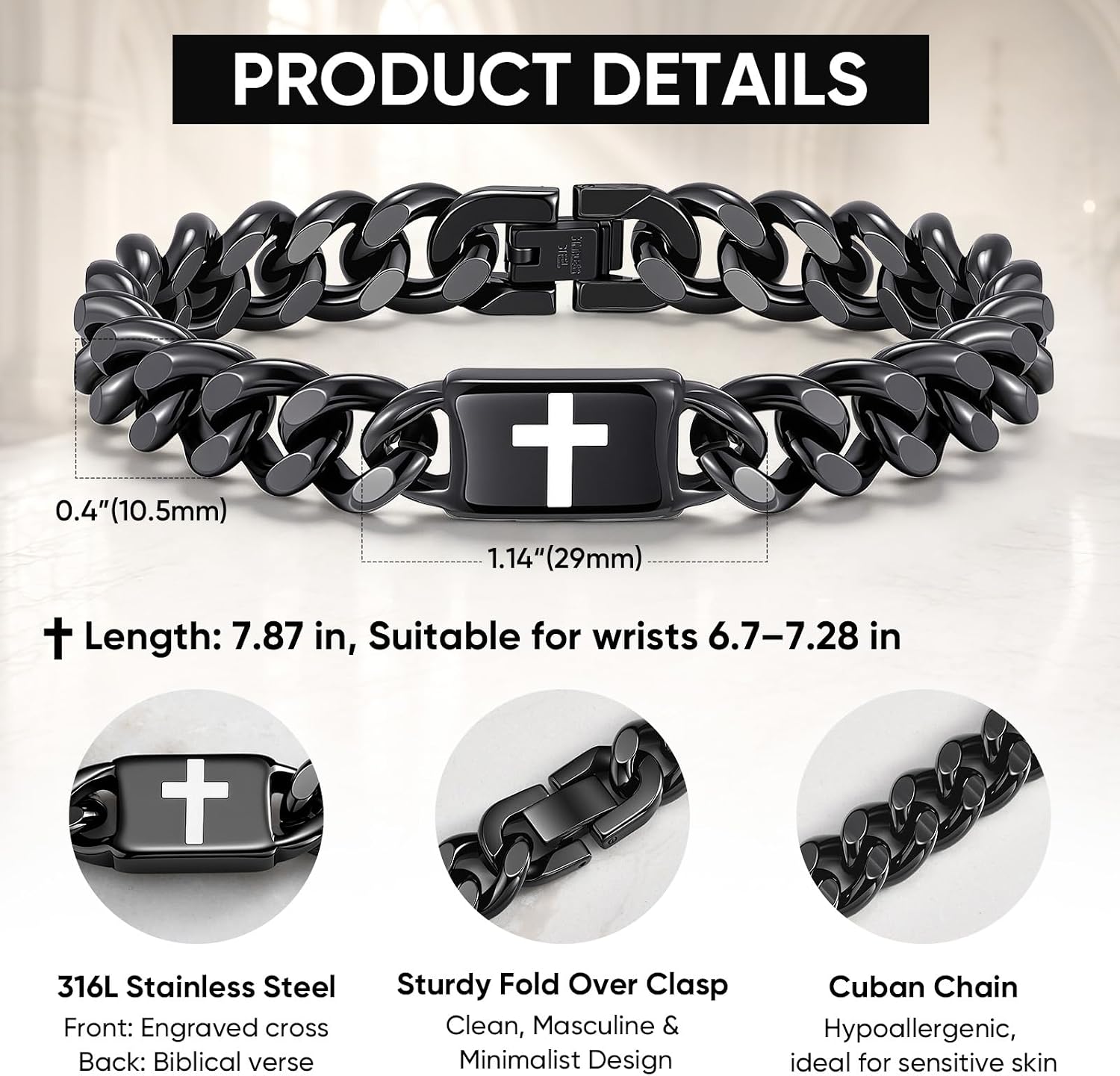 Bible Verse Cross Bracelet for Men - Stainless Steel Cuban Link Bracelets for Men Christian Stuff Accessories First Communion Confirmation Religious Baptism Birthday Jewelry Gifts for Mans Husband Son image 5