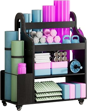 Home Gym Storage Rack Yoga Mat Holder with Wheels and Hooks, All in One Workout Storage for Yoga Mat, Foam Roller,Small Dumbbells, Kettlebel Gym Organizer Storage for Home ExerciseWood