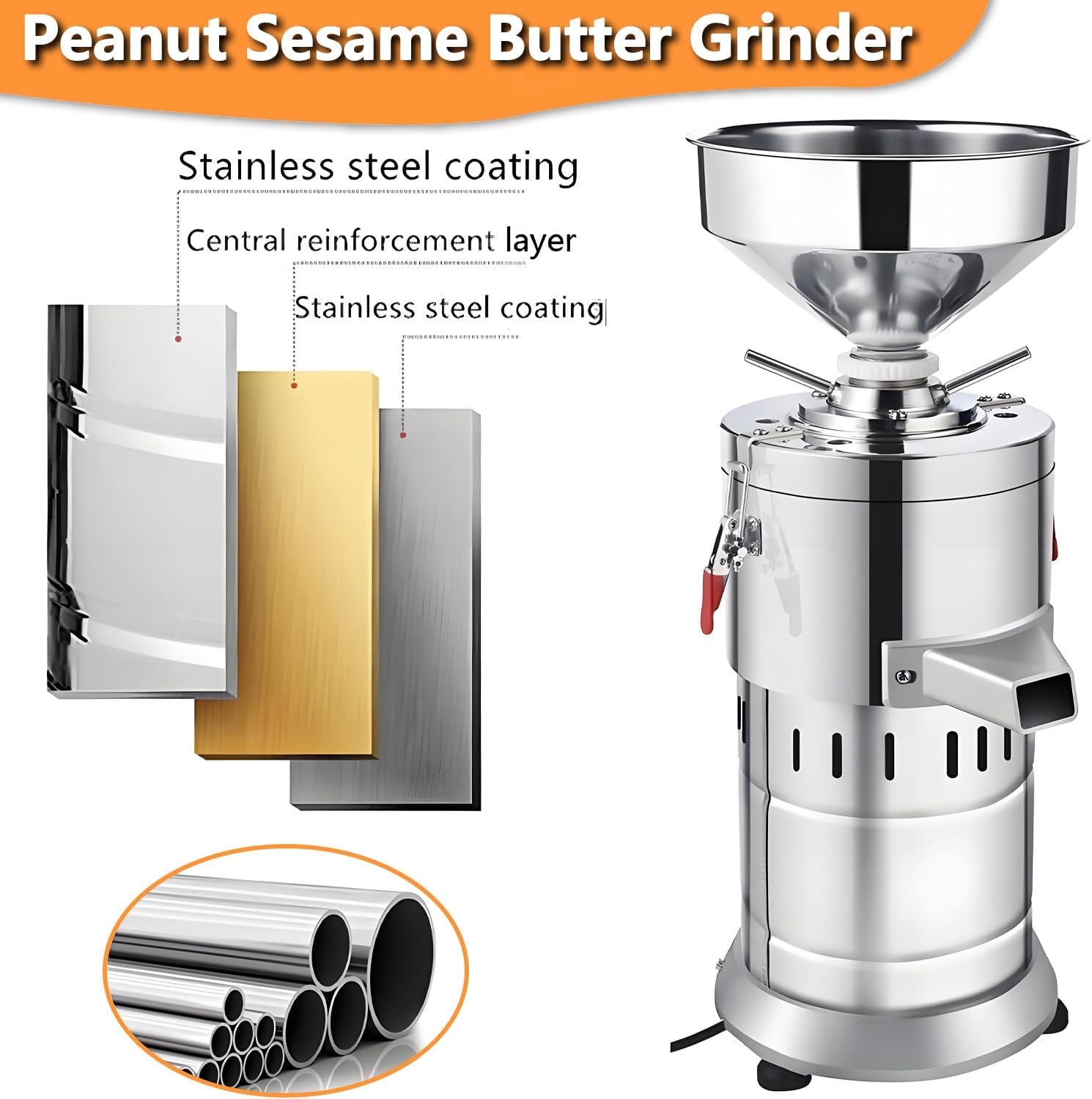 Commercial Peanut Sesame Grinding Machine,1100W Stainless Steel Peanut Butter Maker, 33lb/h Commercial Dry Spice Grinder Herb Pulverizer for Peanut, Almond, Sesame