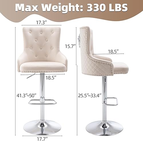 Miniatura 3 de Juego de 2 taburetes de bar, taburetes de bar giratorios de terciopelo ajustable en altura de mostrador con reposapiés, acolchado suave tapizado con