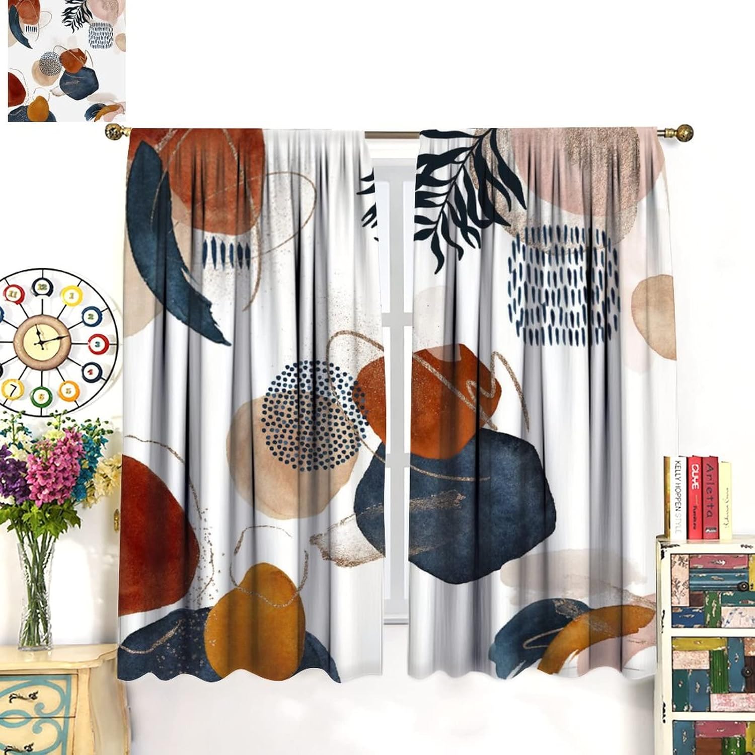Abstract Modern Art Blackout Curtains for Living Room,Retro Mid Century Leaves Bohemian Geometric Floral Plant Window Drapes - Thermal Insulated and Noise Reduction,2 Panels 63L x 21Ws