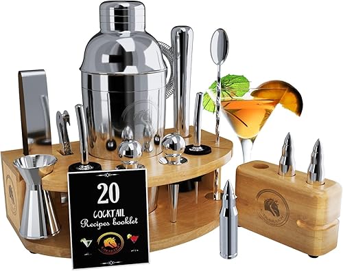 KARABAKH - Juego de coctelera, 17 piezas de 25 onzas 304 St.St. Bartender Kit de cóctel, juego de cóctel, 4 piezas de bala de whisky con soporte de