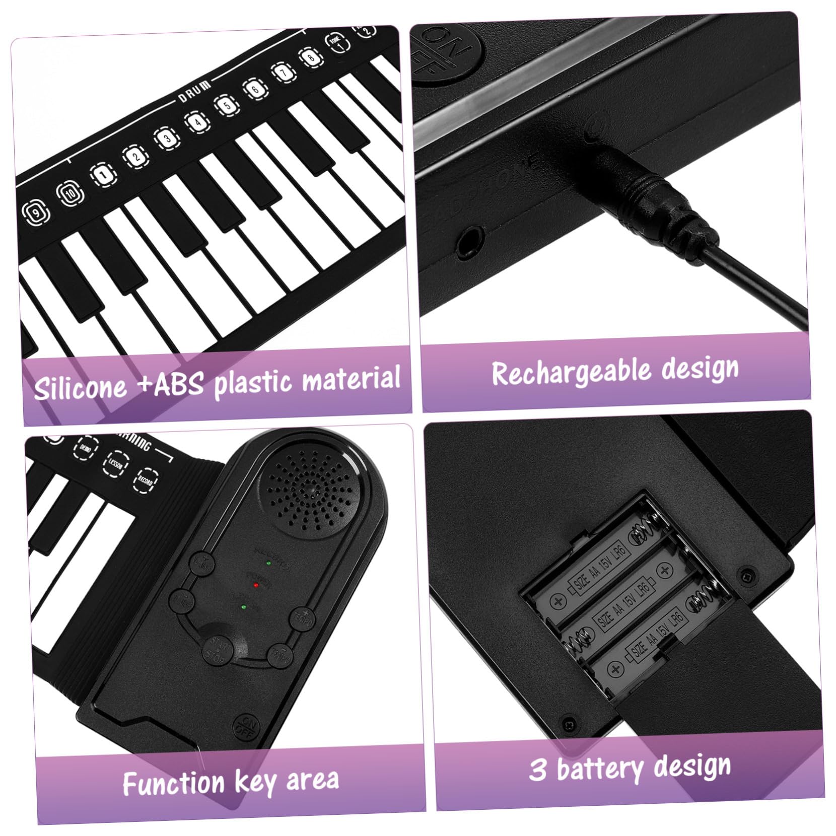 Pianoforte Nero Portatile Pieghevole Elettrico 49 Tasti | Tasti Arrotolabili, Silicone, Altoparlante Integrato, Cavo USB Dc 6v, Alimentazione 3 Batterie Aa