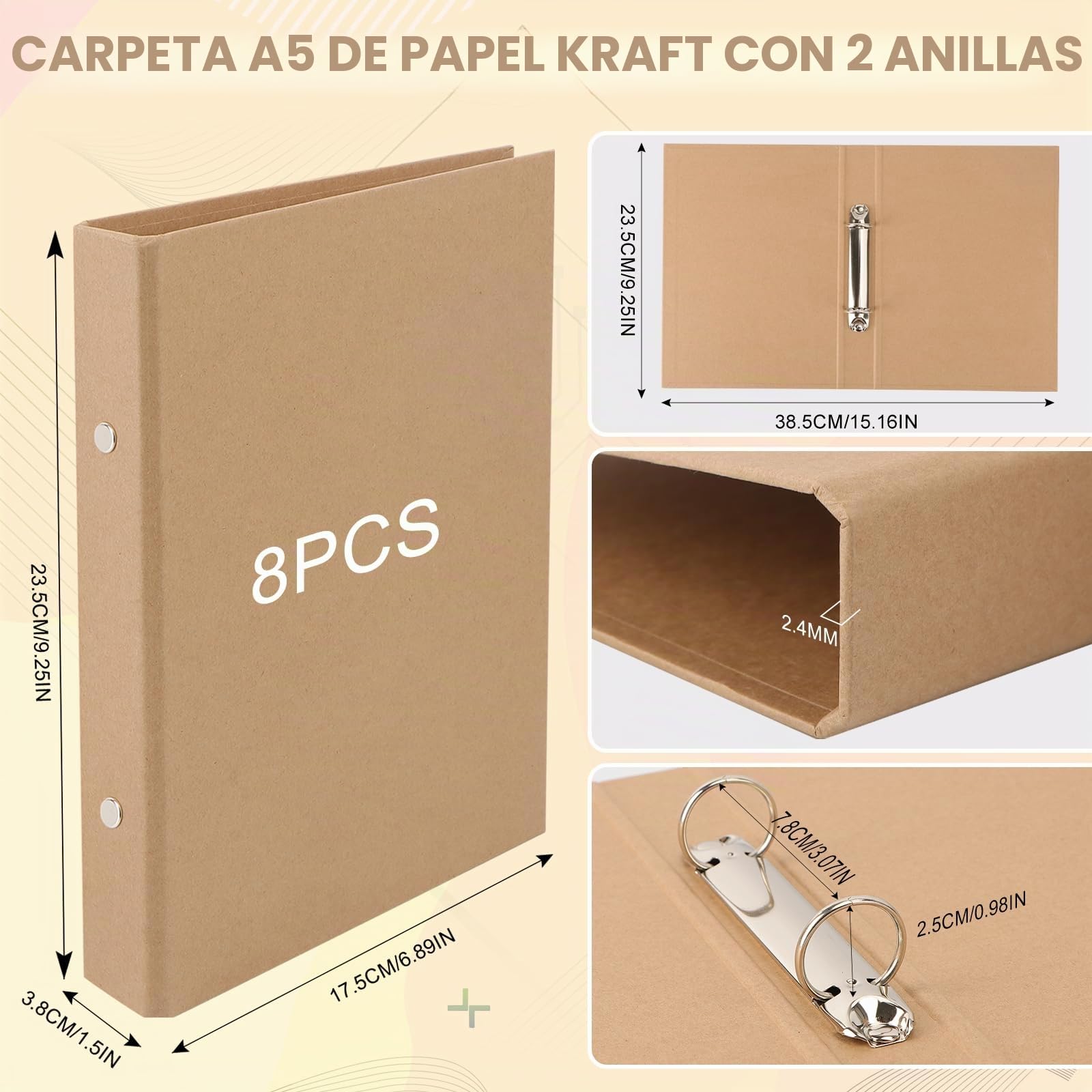 8 Piezas Archivadores A5, Carpetas Carpeta Anillas A5 con 2 etiqueta, Archivadores de Anillas Kraft, 17,5 x 23,5 cm, 2 Anillas para diarios de viaje, libros