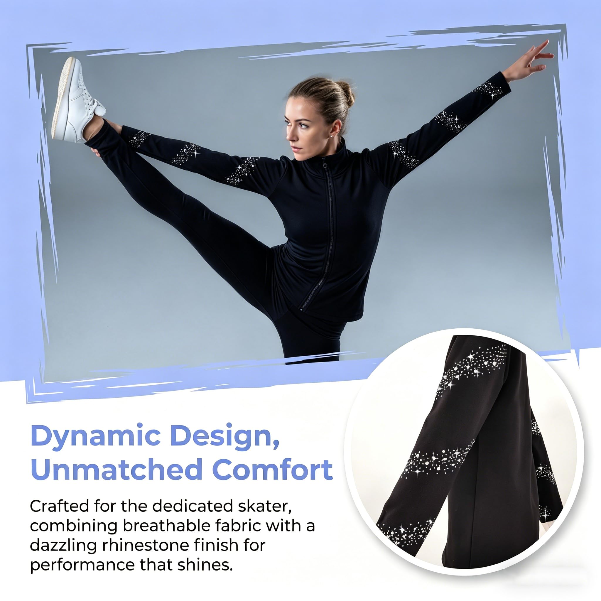 Chaqueta de entrenamiento de patinaje artístico negro para niña con diamantes de imitación brillantes, ropa de entrenamiento de patinaje de primera calidad