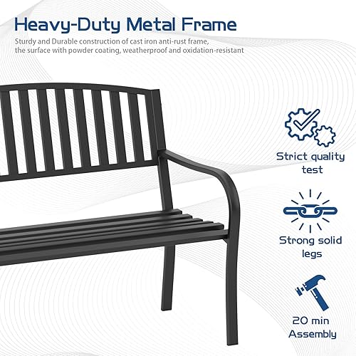 Miniatura 6 de Banco de jardín para exteriores, resistente a la intemperie, antioxidante, resistente, bancos exteriores, banco de metal de hierro forjado para