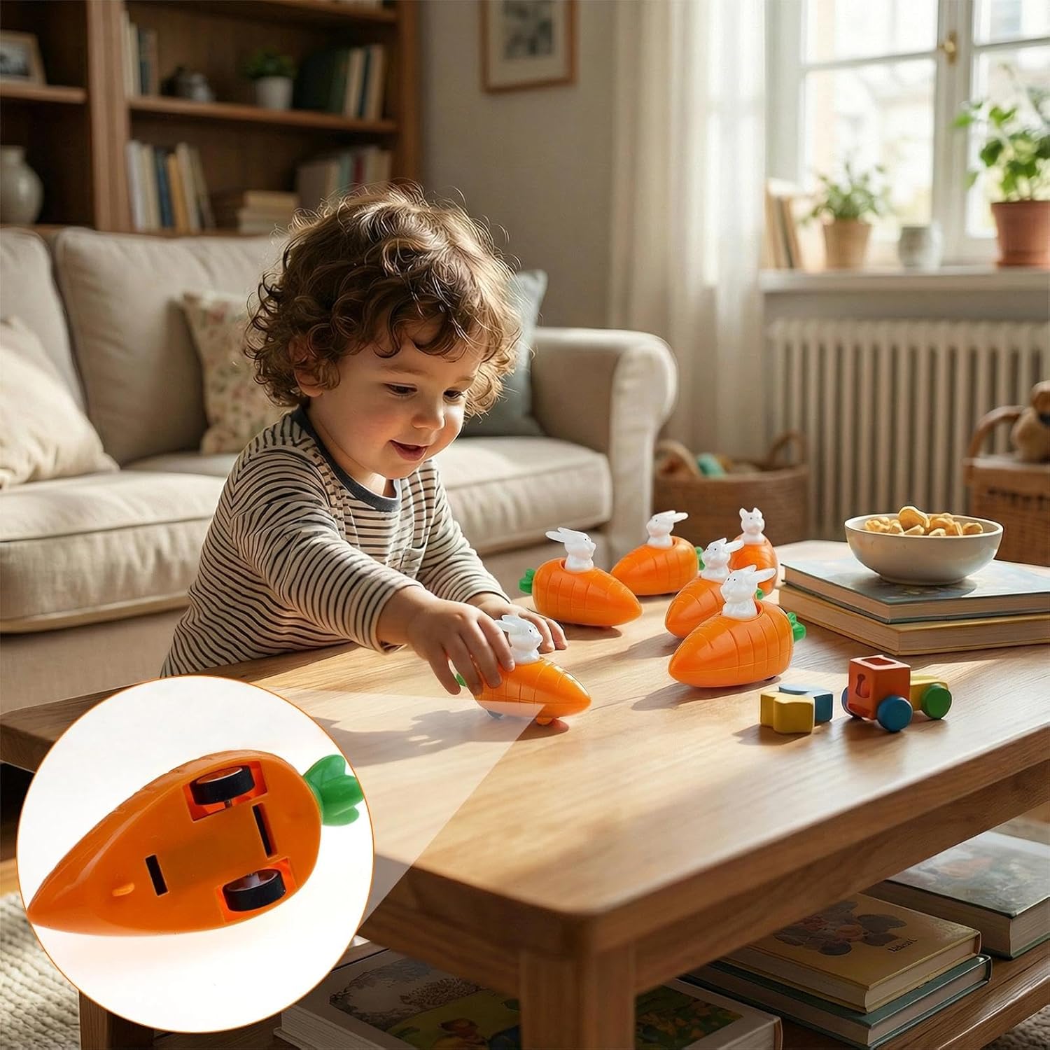 Pack of 4 Wind-Up Toy Carrots with Rabbits Wind Up Car Small and Light Rabbit Clock Movement Toy Car, Easter Decoration Retractable Cars from 1 Year for Children Boys Girls