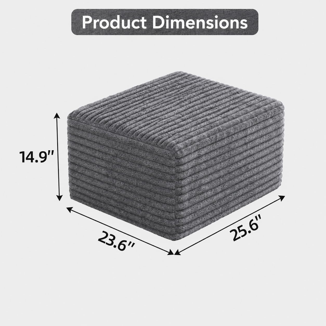 25.6" Corduroy Ottoman for Living Room,Plush Upholstered Ottoman for Couch,Memory Foam Compressed Sofa in A Box No Assembly Require,Dark Grey