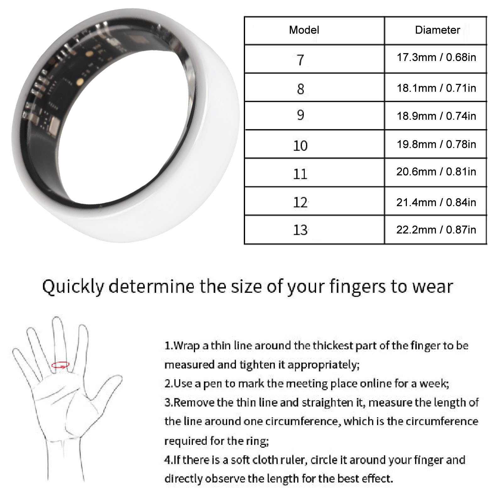 Anneau Intelligent, 50m et IP68 Bague de Podomètre de Fitness en Céramique Portable Portable, Contrôle D'accès NFC, Bague de Suivi de Fitness d'activité Légère, Modes de Sport (10)
