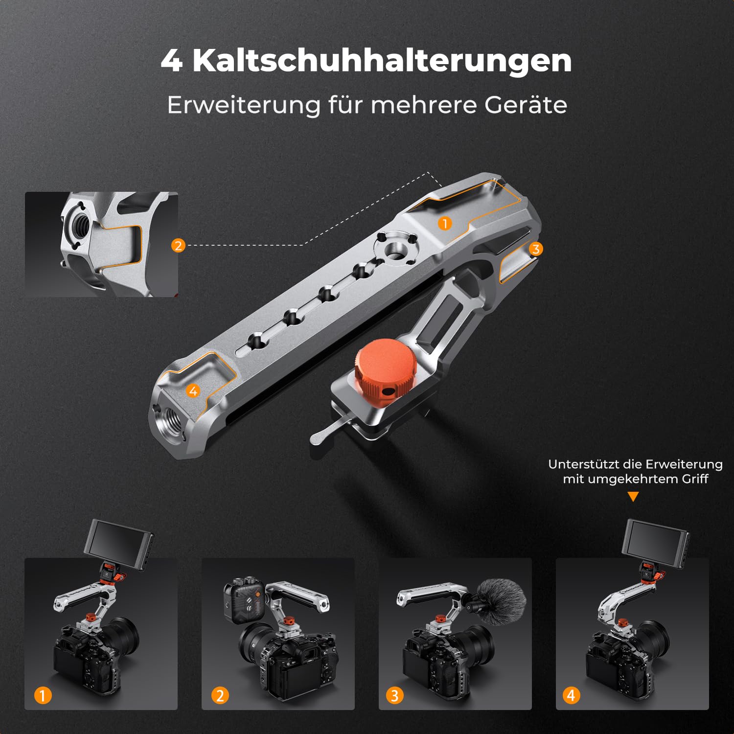 K&F CONCEPT Top Handle für Kamerakäfige,mit 3/8"-16 Locating Schraube für ARRI und mit Schnellverschluss für NATO-Schiene,Oberer Kameragriff mit 4 Kaltschuhadaptern für Zubehör