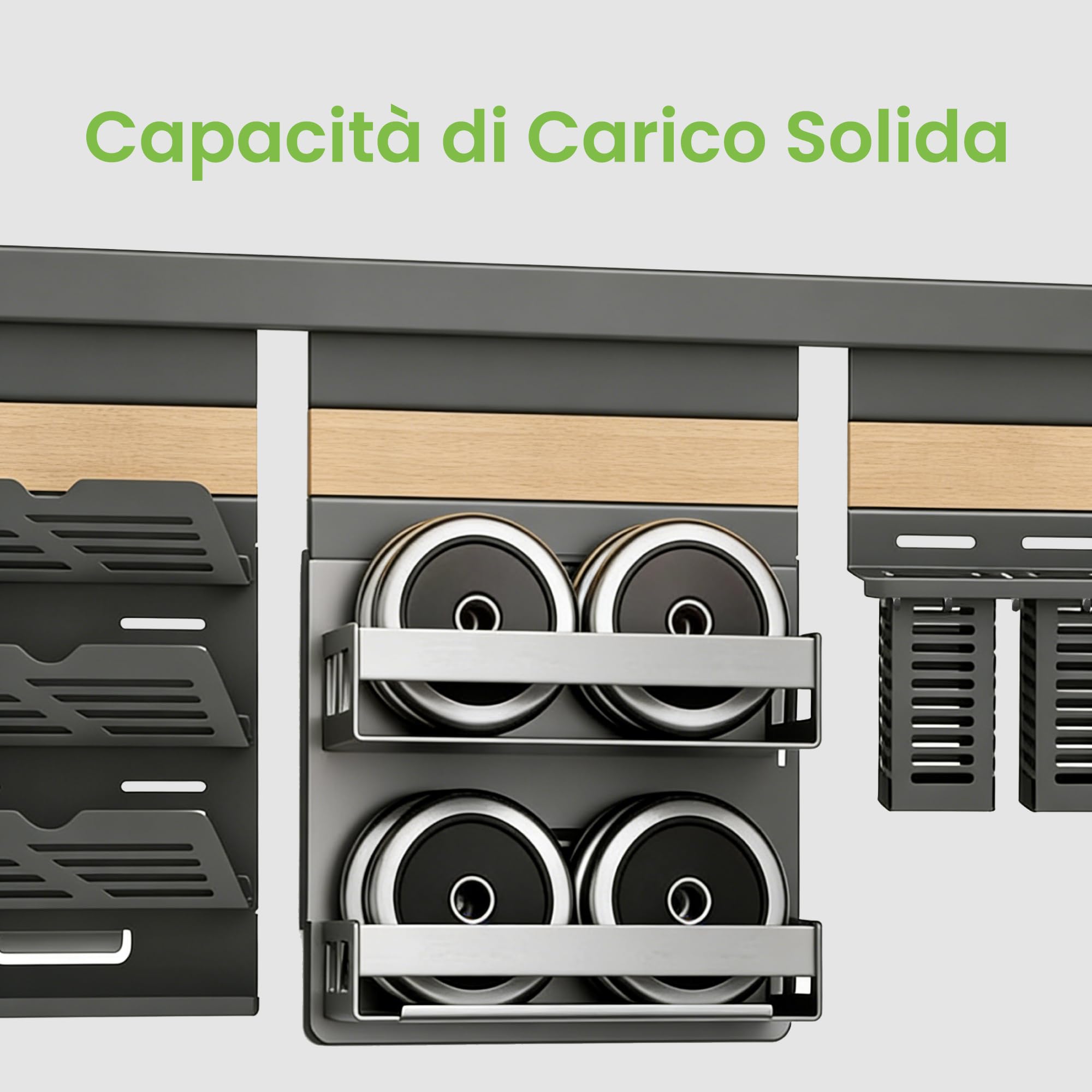 Mai & Mai Porta Spezie e Porta Mestoli da Cucina in Lamiera Zincata, Portaspezie con Porta Rotolo, Portautensili con 5 Ganci, Grigio, da Appendere con Guide, Reglo-10+Reglo-12