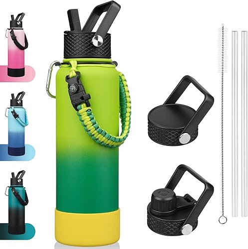 Miniatura 25 de BJPKPK Botella de agua aislada con tapa con popote, frascos térmicos de 22 onzas con 3 tapas, mango de paracord y bota antideslizante, vasos de