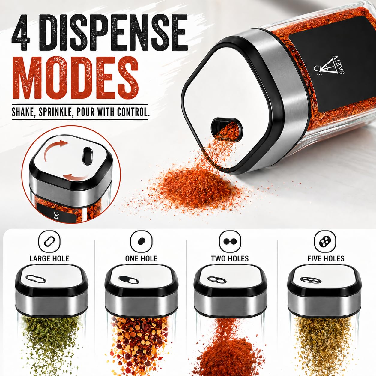 360° Rotation Gewürzgläser Eckig Set | Drei Kaliber, frei einstellbar | 12 Gewürzdosen Mit Gewürzetiketten | Perfekte Organisation Küche Gewürz Organizer | 120ml Gewürzbehälter Glas