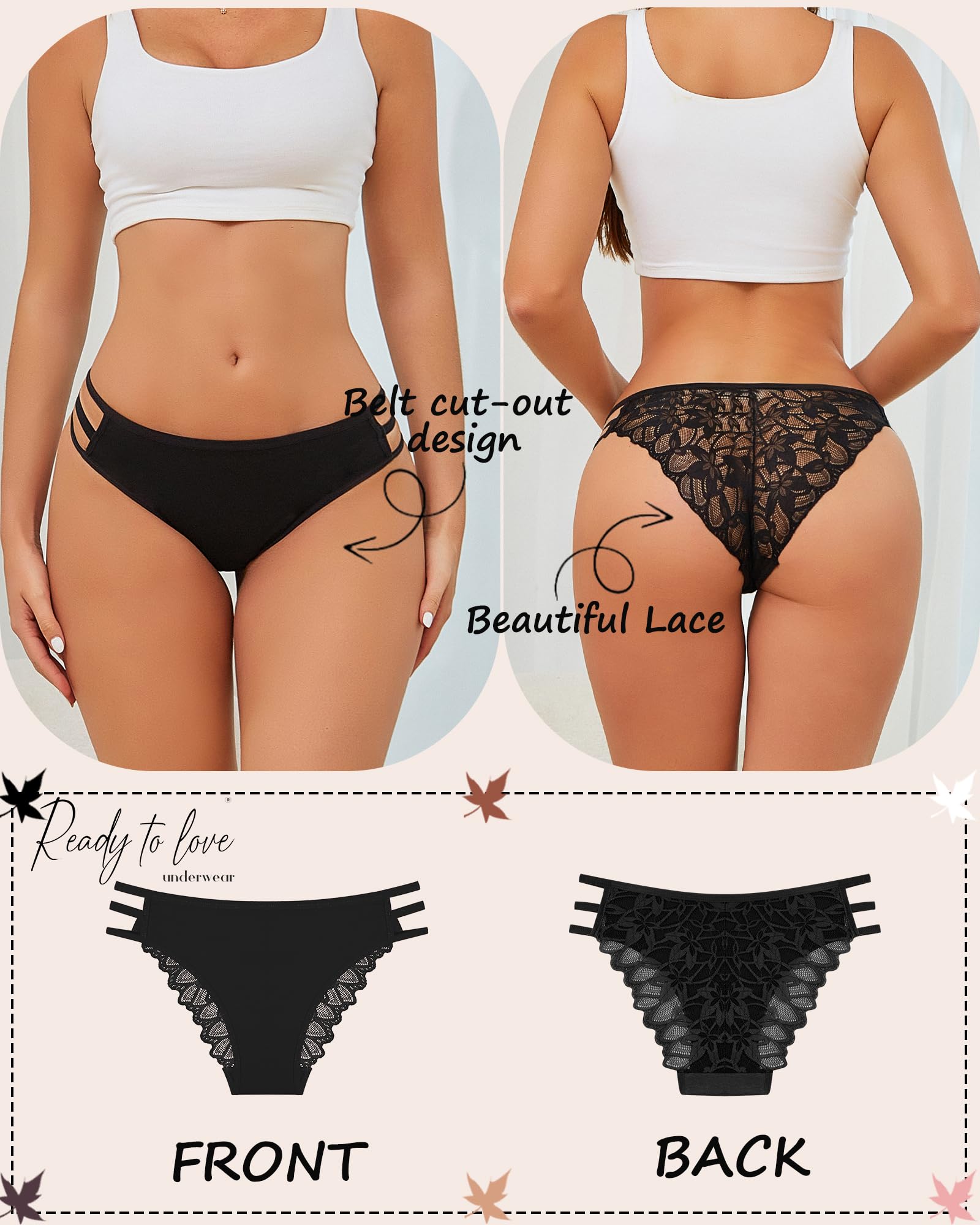 READY TO LOVE Sexy Lace String Underwear Women Pack Cheeky Bikini Stretch Breathable Ladies Underwear Panties: Black / Grape Purple / Caramel / Nude / White / Pink Large