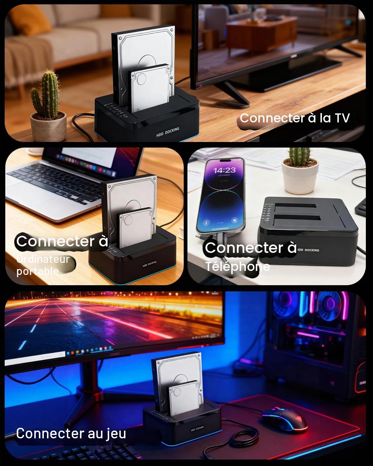 Dock Disque Durs Double Baie, RGB USB 3.0 Station Lecteur Disque Dur La Fonction de Clonage Hors Ligne Prend en Charge UASP Jusqu'à 2*20 to Double Baie pour HDD/SSD SATA 2,5/3,5 Pouces